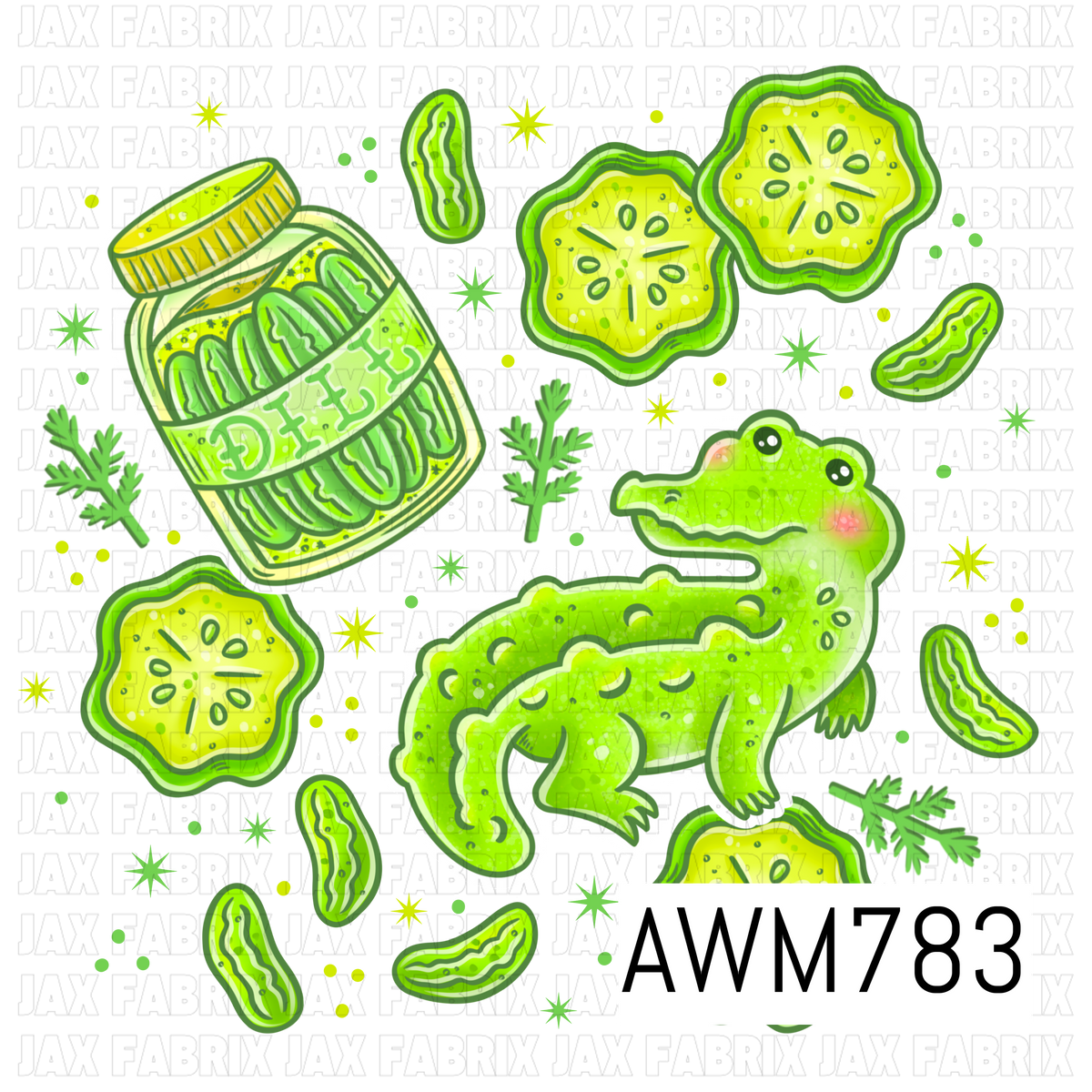 A playful PNG featuring an adorable green alligator, a jar of pickles, pickle slices, fresh dill sprigs, and scattered stars in bright lime green tones. This fun food-inspired artwork is perfect for apparel, bows, bags, stickers, tumblers, kitchen accessories, and other quirky sewing and crafting projects.