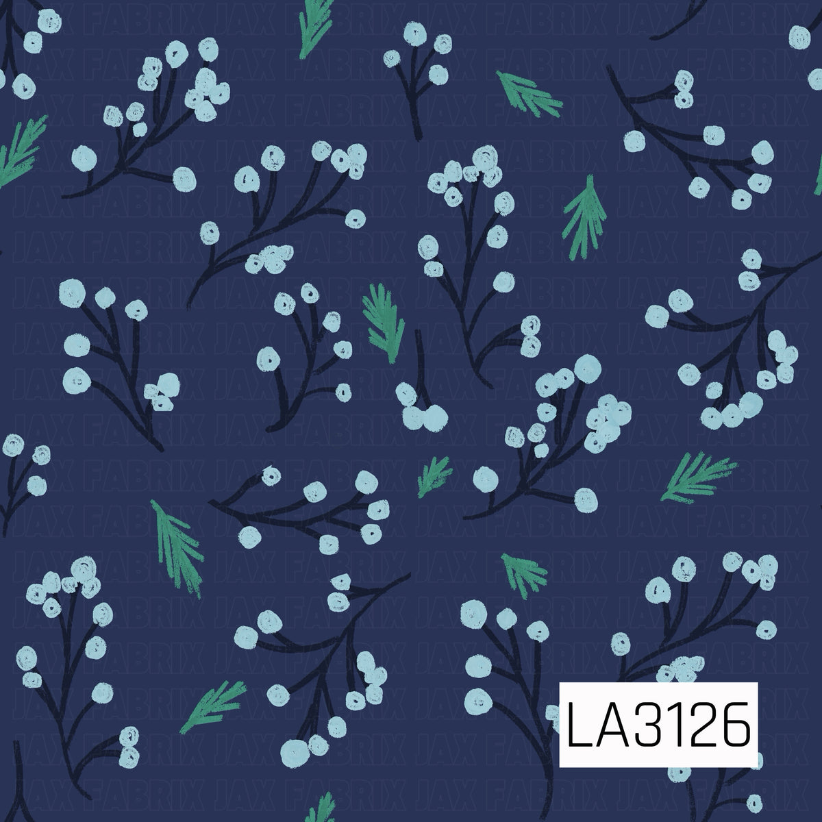 A winter botanical pattern featuring dark navy branches dotted with soft icy blue berries, accented by scattered evergreen sprigs in muted green. The hand-drawn texture sits against a deep navy blue background for a cozy, wintry look.