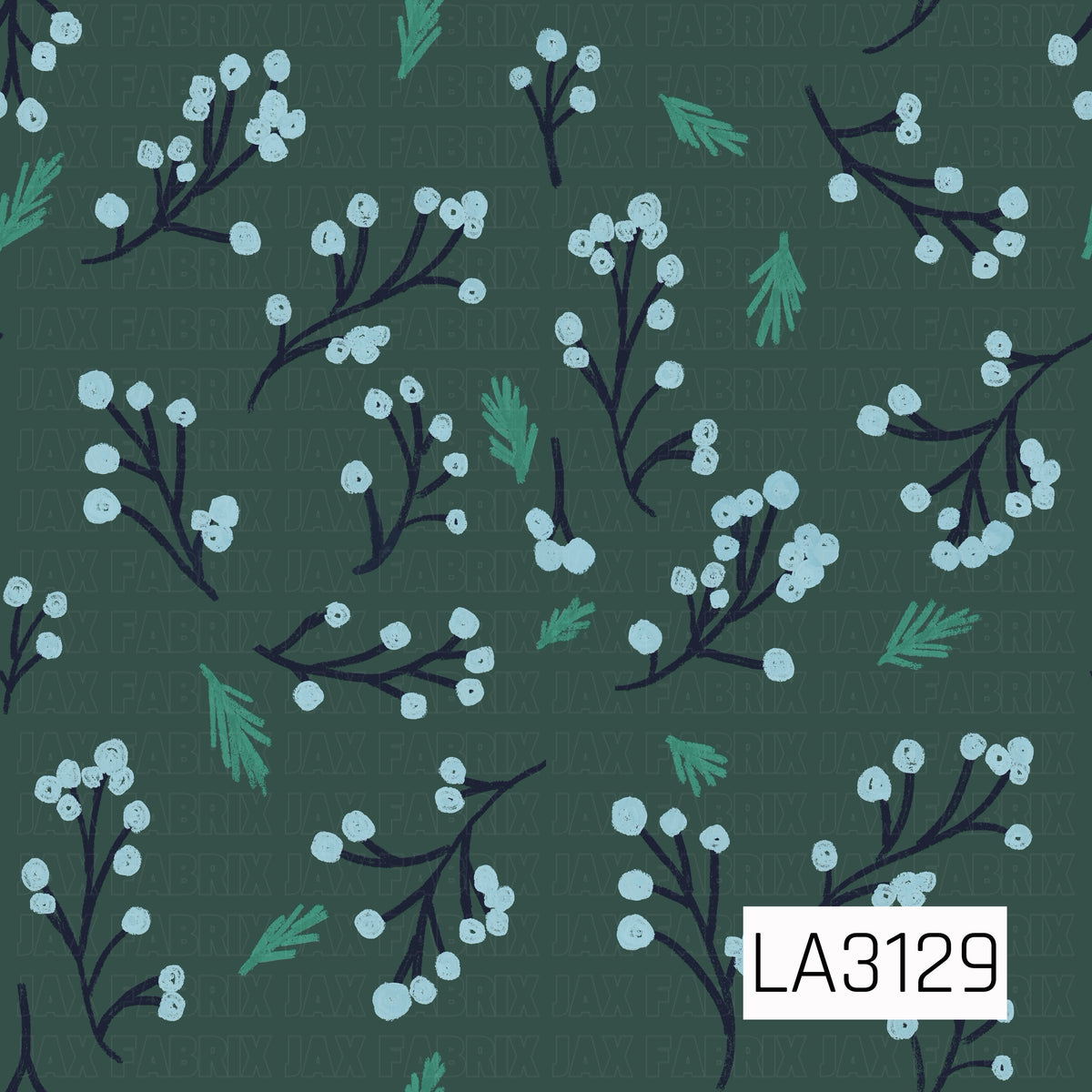 A hand-drawn winter botanical pattern featuring icy blue berry clusters on deep navy branches, scattered with simple teal evergreen sprigs. Set against a muted forest green background for a cozy, rustic winter feel.