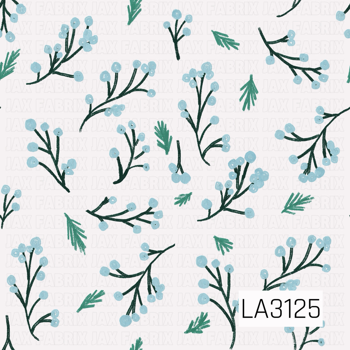 A delicate winter botanical pattern featuring dark green branches dotted with soft icy blue berries, accented by scattered evergreen sprigs. The hand-drawn, textured details sit against a crisp white background for a fresh, wintry look.