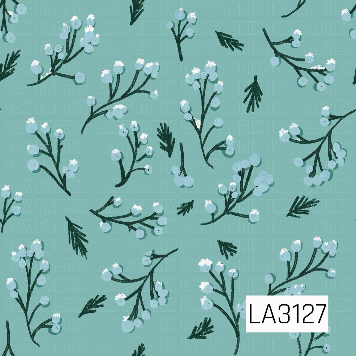 A winter botanical pattern featuring dark evergreen branches with icy blue berries topped with touches of white snow. Scattered pine sprigs add to the wintry look, all set against a soft muted aqua background with a hand-drawn, textured finish.
