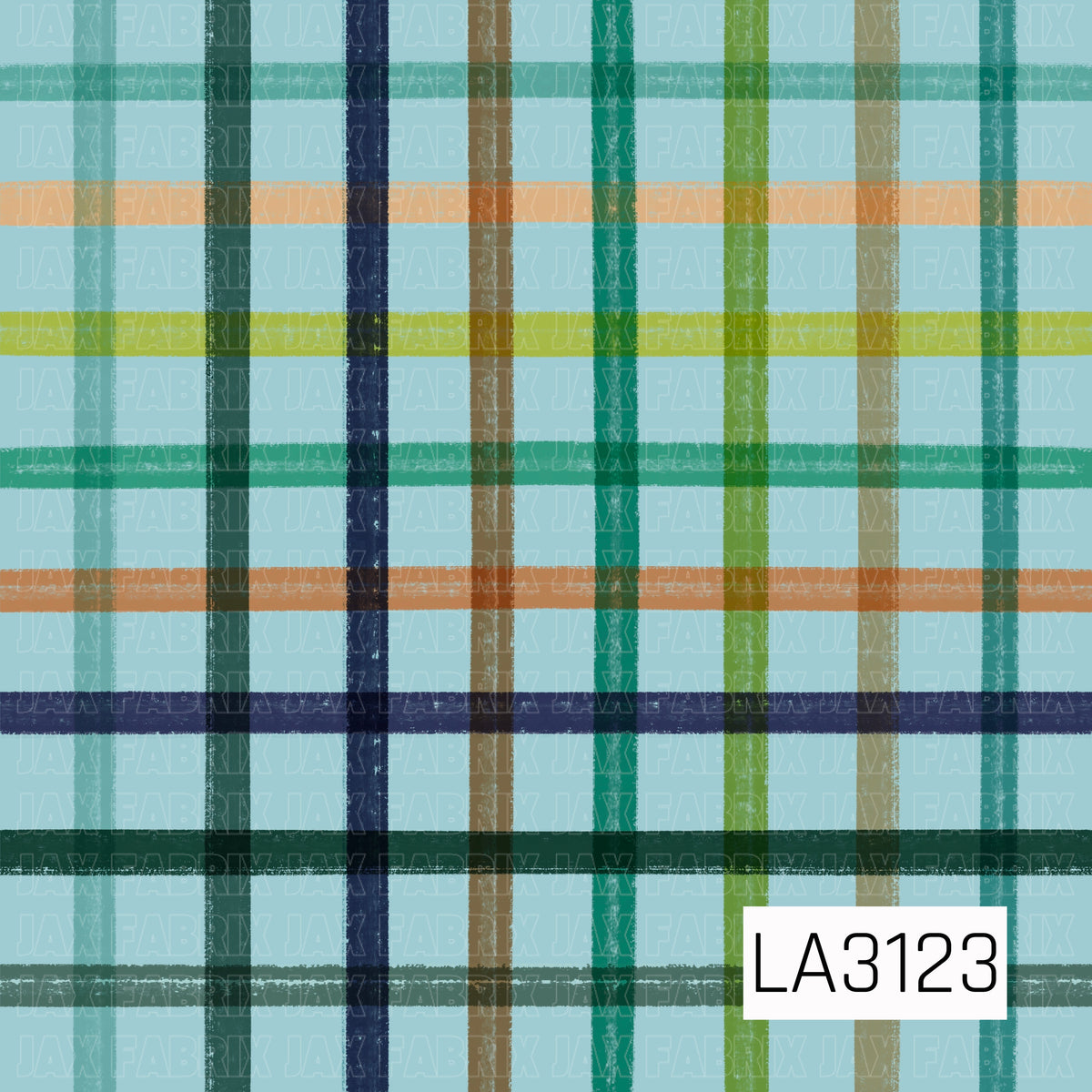 A bold plaid pattern featuring textured, hand-drawn stripes in forest green, teal, navy, lime, tan, and soft blue layered over a light icy blue background. The varied stripe widths and distressed finish give the design a cozy, rustic look.