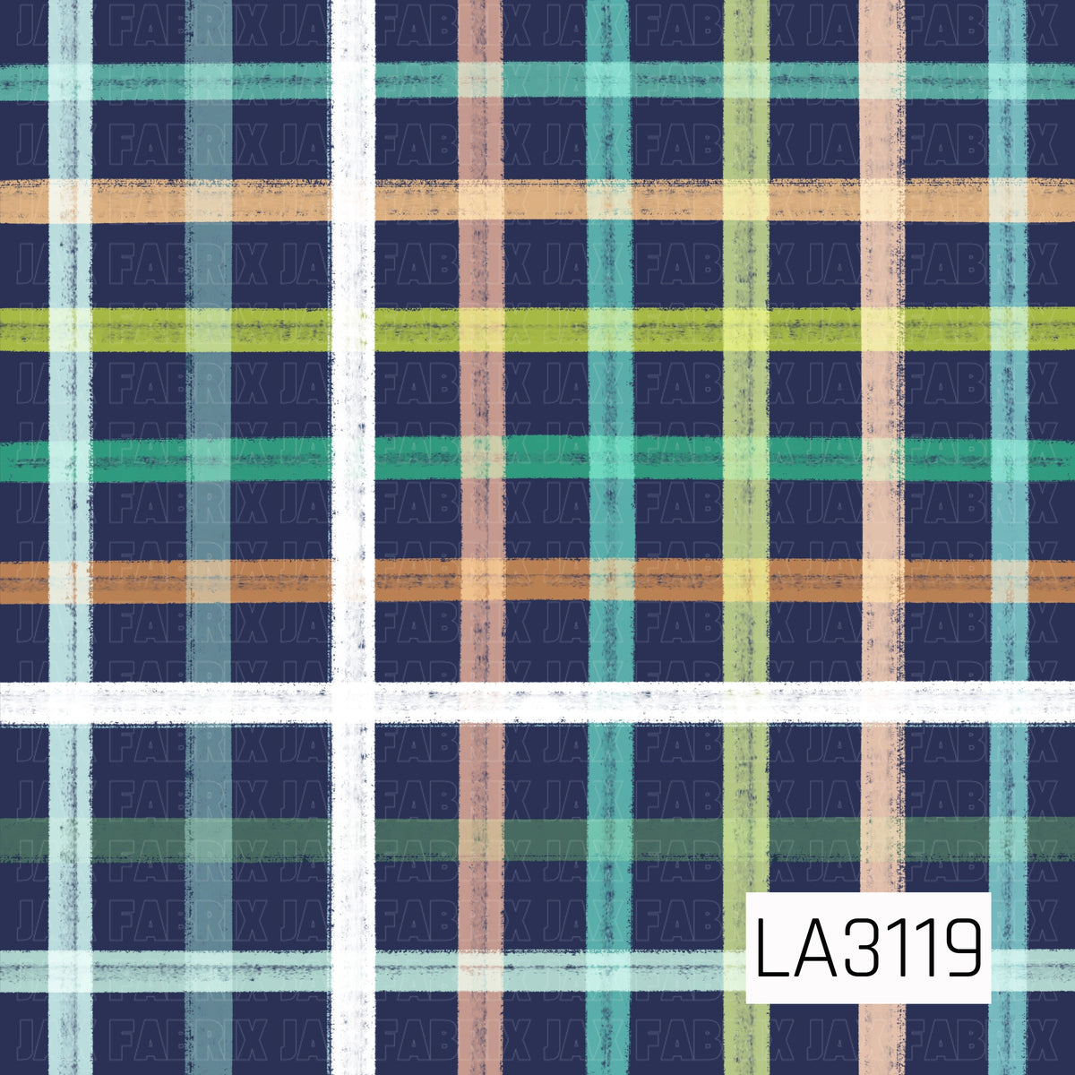 A bold plaid pattern featuring textured, hand-drawn stripes in teal, mint, white, olive green, tan, and soft blue layered over a deep navy background. The varying stripe widths and slightly distressed finish give the design a cozy, rustic feel.