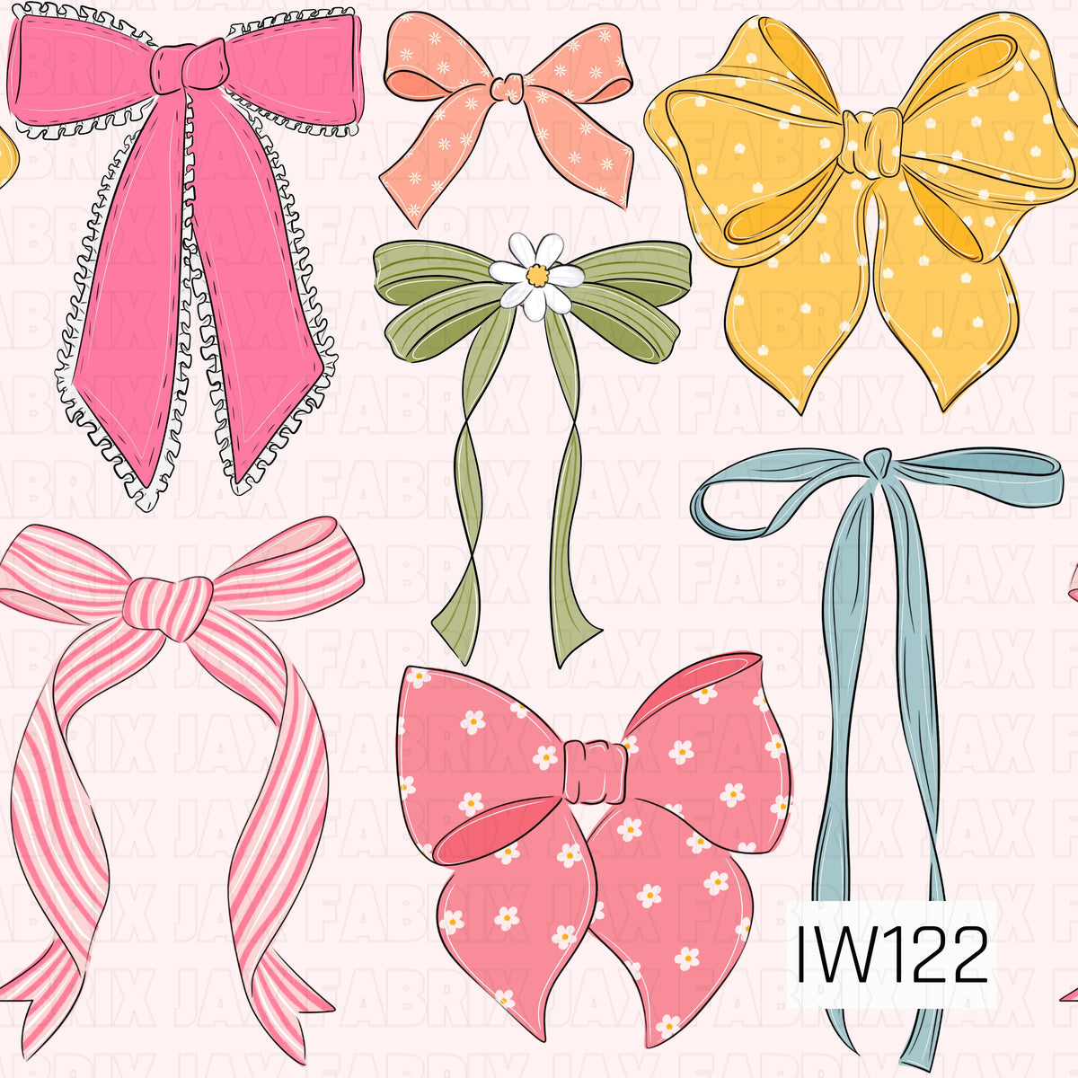 A charming spring-inspired seamless pattern featuring an assortment of hand-drawn bows in playful shades of pink, peach, mustard yellow, sage green, and dusty blue. Each bow showcases unique details, including delicate ruffled edges, dainty florals, tiny polka dots, soft stripes, and flowing ribbon tails. The whimsical mix of oversized statement bows and delicate ribbon styles creates a sweet, feminine design against a soft blush pink background.