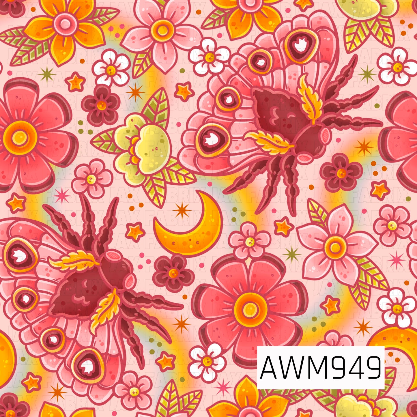 A whimsical seamless fabric design featuring rosy pink luna moths, blooming flowers, crescent moons, stars, and leafy accents. The warm palette of pink, coral, burgundy, and golden yellow creates a dreamy celestial garden aesthetic with charming cottagecore appeal, perfect for quilting cotton, apparel fabrics, nursery textiles, and handmade sewing projects.
