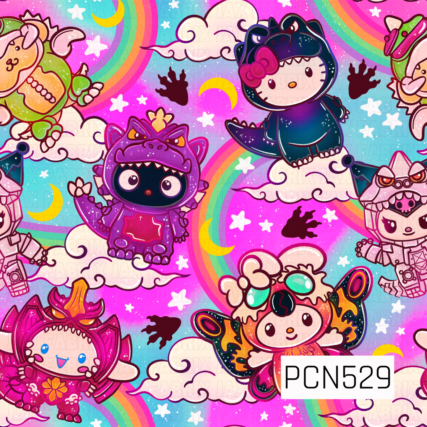 A vibrant kawaii pattern featuring cute characters in colorful monster costumes, surrounded by rainbows, clouds, crescent moons, stars, and playful footprints on a bright pink and aqua tie-dye background.