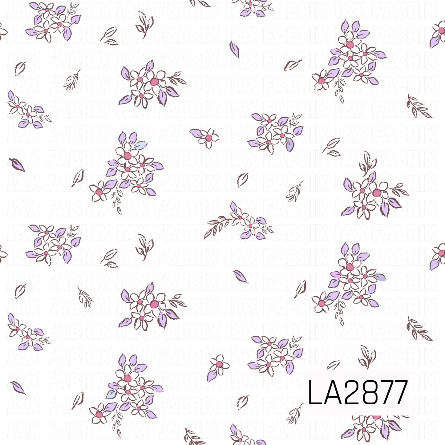A delicate ditsy floral pattern featuring small white flowers with soft pink centers, accented by lavender leaves and warm brown stems. Scattered across a pale blush background, the gentle color palette creates a charming vintage-inspired design that's perfect for coordinating fabrics and bows.