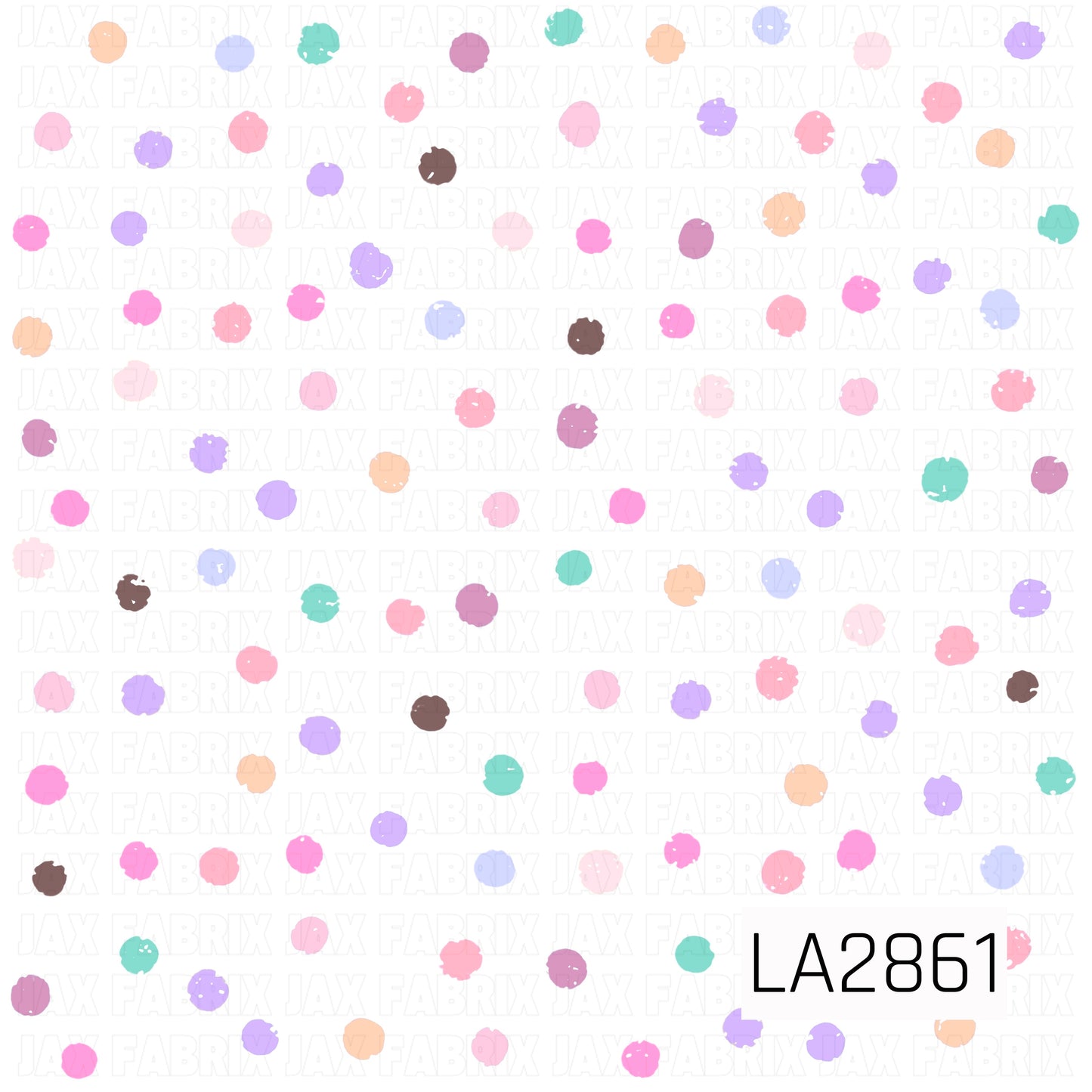 A playful scattered dot pattern featuring soft shades of pink, blush, lavender, lilac, mint green, peach, periwinkle blue, mauve, and chocolate brown on a crisp white background. The pastel color palette creates a sweet, cheerful design that pairs beautifully with coordinating prints and projects.