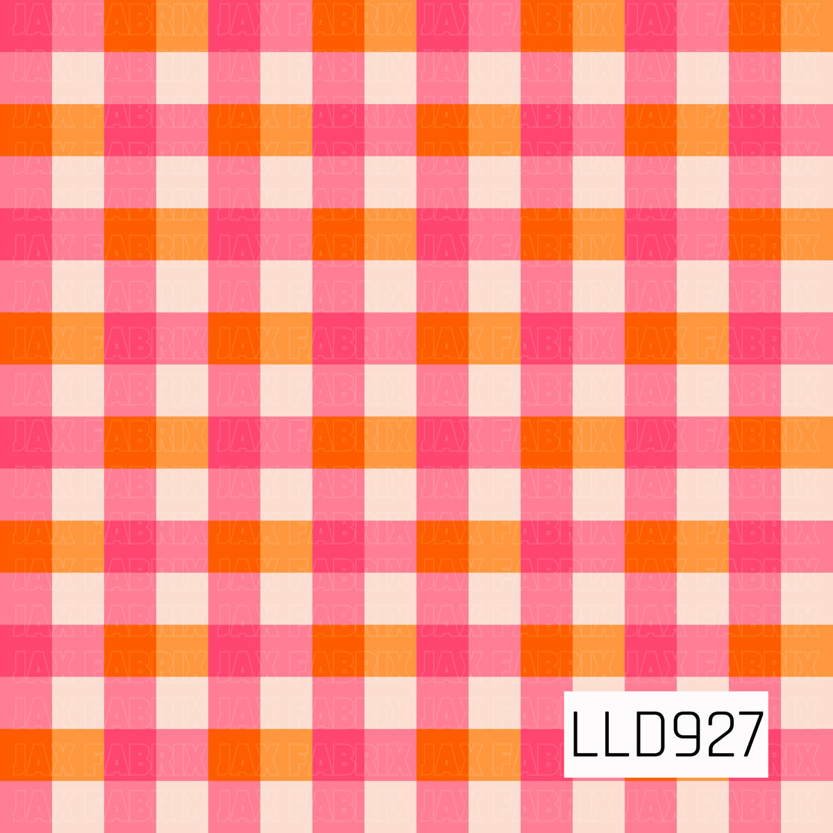 A bright gingham pattern featuring bold coral pink and vibrant orange checks layered with soft cream and pale blush. The oversized plaid design has a warm, playful retro feel with a fresh and colorful look.