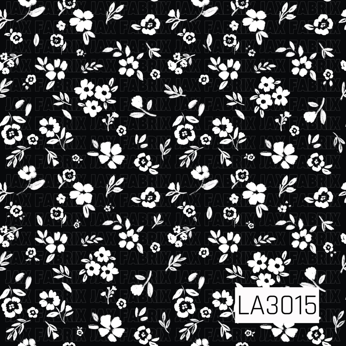 A bold black background scattered with white hand-painted flowers, leafy sprigs, and tiny floral details for a simple, classic botanical look.