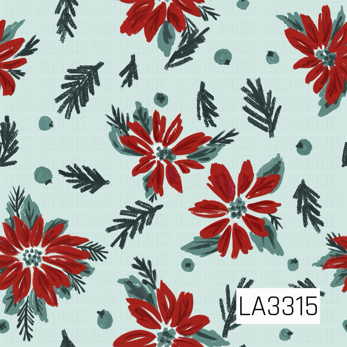 A festive Christmas floral pattern featuring bold red poinsettias, dark evergreen sprigs, muted green leaves and scattered berries against a soft icy mint background. The hand-painted style gives it a charming, vintage-inspired holiday feel.