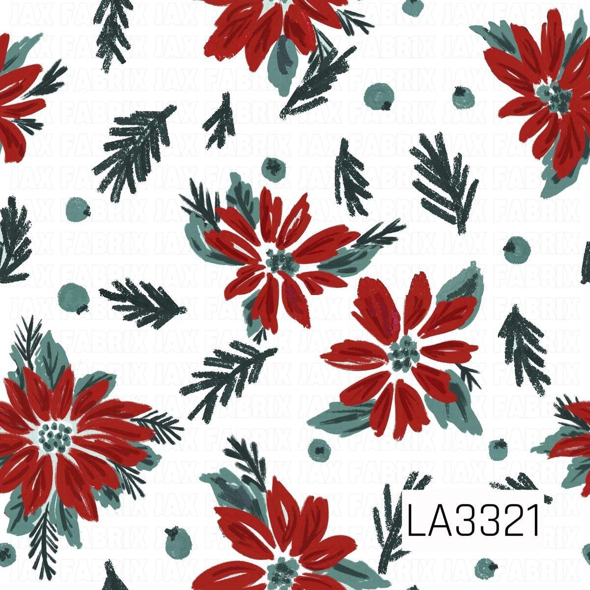 A classic Christmas floral pattern featuring rich red poinsettias, dark evergreen sprigs, muted green leaves and scattered green berries against a crisp white background. The hand-painted style gives it a timeless, vintage-inspired holiday feel.