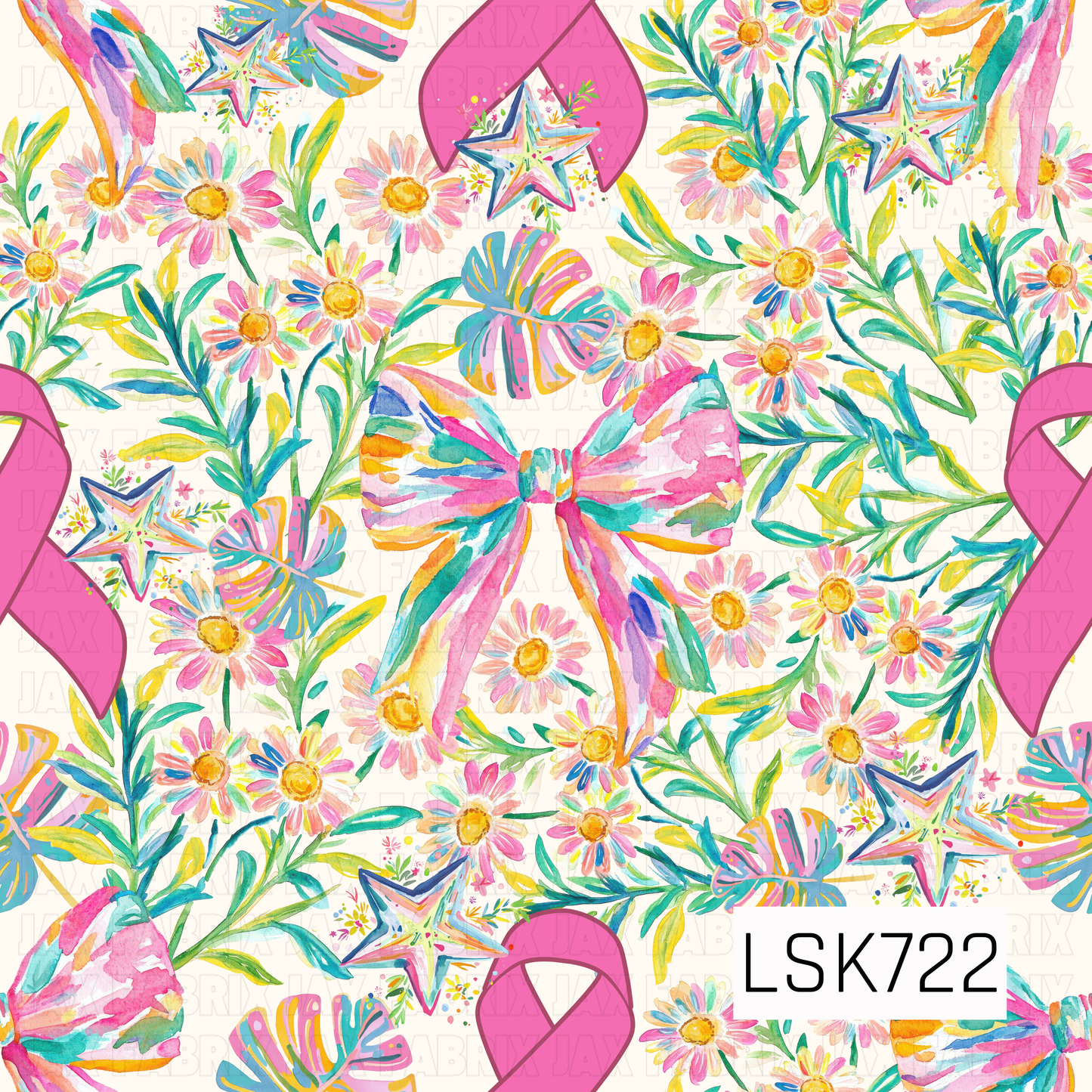 A bright watercolor seamless design filled with colorful florals, oversized bows, pink awareness ribbons, decorative stars, and tropical-style leaves. Vibrant shades of pink, teal, yellow, orange, and green create a cheerful, uplifting look against a soft cream background.