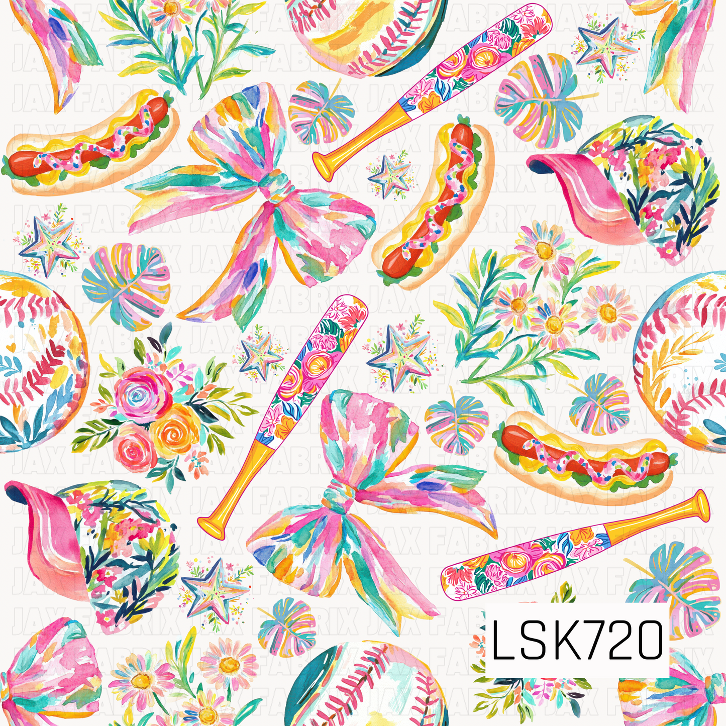A bright watercolor baseball pattern filled with colorful baseballs, floral-covered bats, oversized bows, baseball caps, hot dogs, tropical leaves, flowers, and sparkling stars. Vibrant shades of pink, teal, yellow, orange, and green give this sporty design a playful, preppy feel.