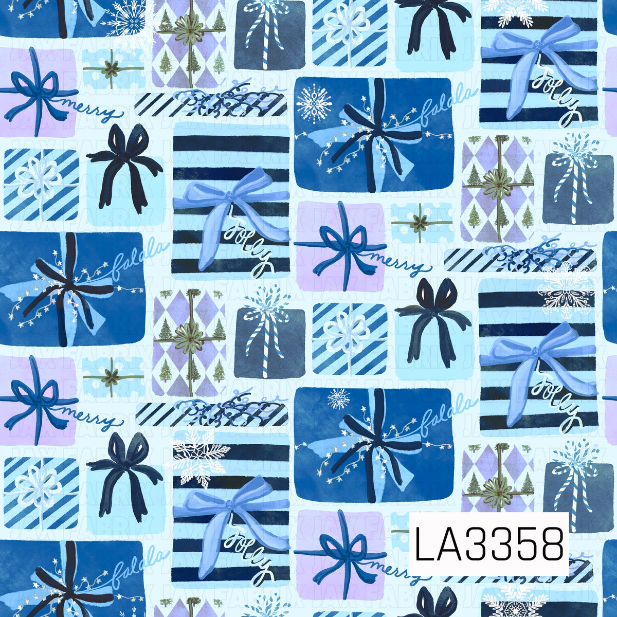A whimsical holiday gift pattern filled with hand-painted presents in shades of blue, lavender, white, and navy. Packages feature stripes, argyle, snowflakes, trees, oversized bows, candy cane accents, and playful “fa la la,” “merry,” and “jolly” lettering for a fun, festive Christmas look.