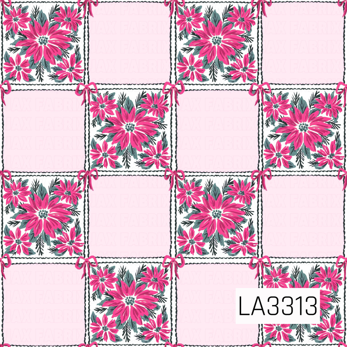 A playful Christmas patchwork pattern featuring bright pink poinsettias, evergreen sprigs and leafy accents alternating with soft blush pink squares. Delicate pink bows decorate the corners, giving the design a sweet, feminine and preppy holiday feel.