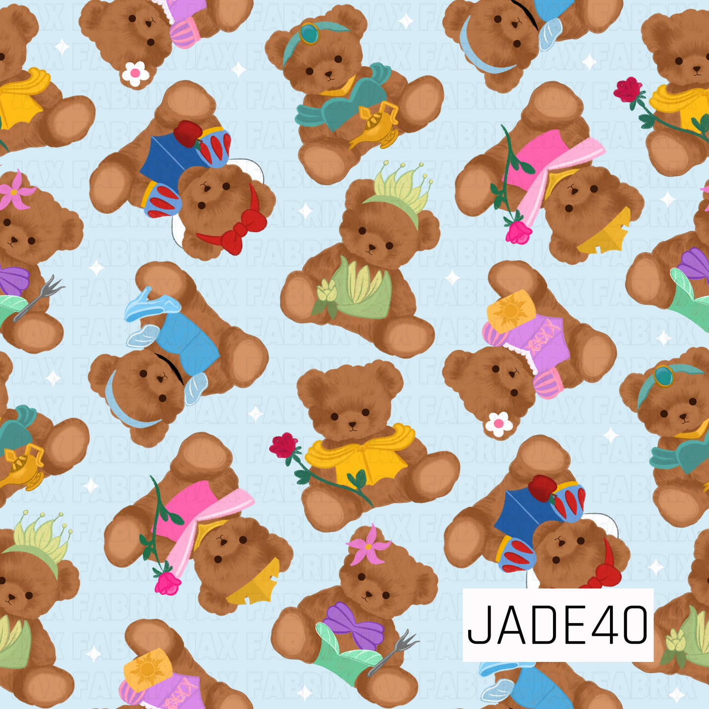 An adorable seamless pattern featuring teddy bears dressed as beloved fairytale princesses on a soft blue background. Surrounded by sparkling stars and charming royal details, this whimsical design is full of playful storybook magic and sweet nostalgic charm.