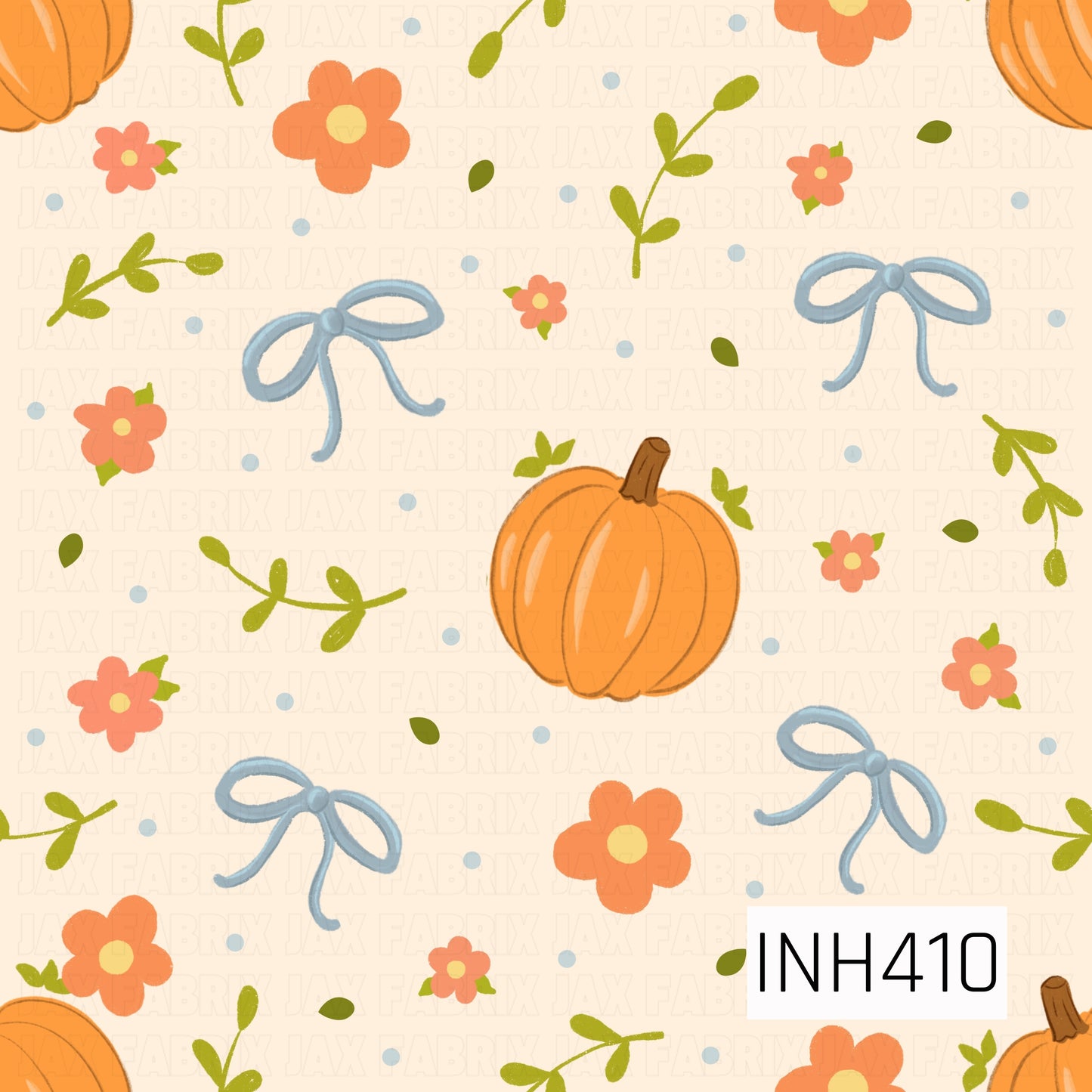 A playful autumn toss featuring bright orange pumpkins, coral flowers, leafy green sprigs, and soft blue bows scattered across a warm cream background.