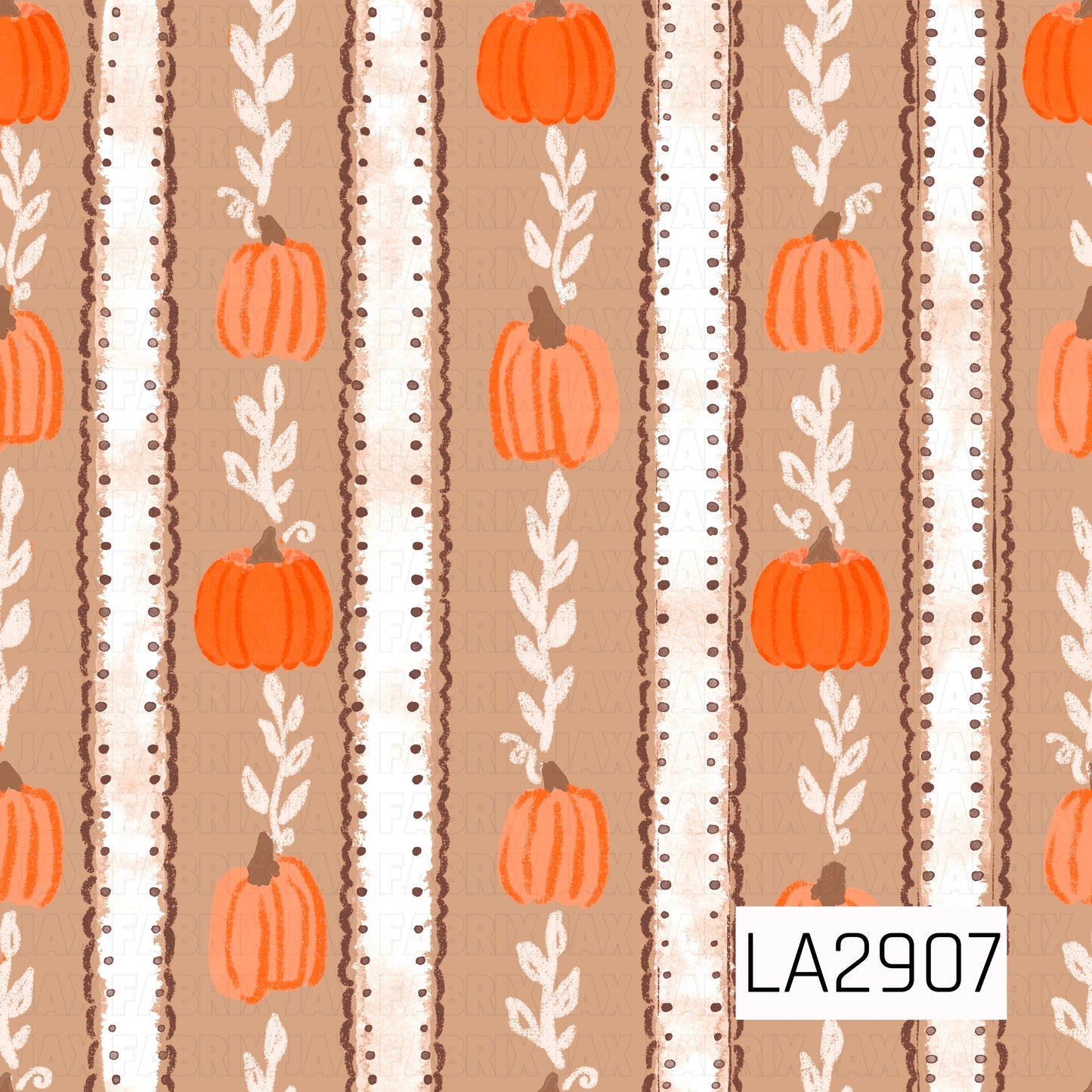 A charming watercolor stripe pattern featuring alternating stitched ribbon bands, leafy vines, and hand-painted pumpkins in warm shades of orange on a soft taupe background. The cozy autumn palette and delicate painted texture create a sweet seasonal coordinate that pairs beautifully with fall florals, harvest prints, and pumpkin-themed designs.