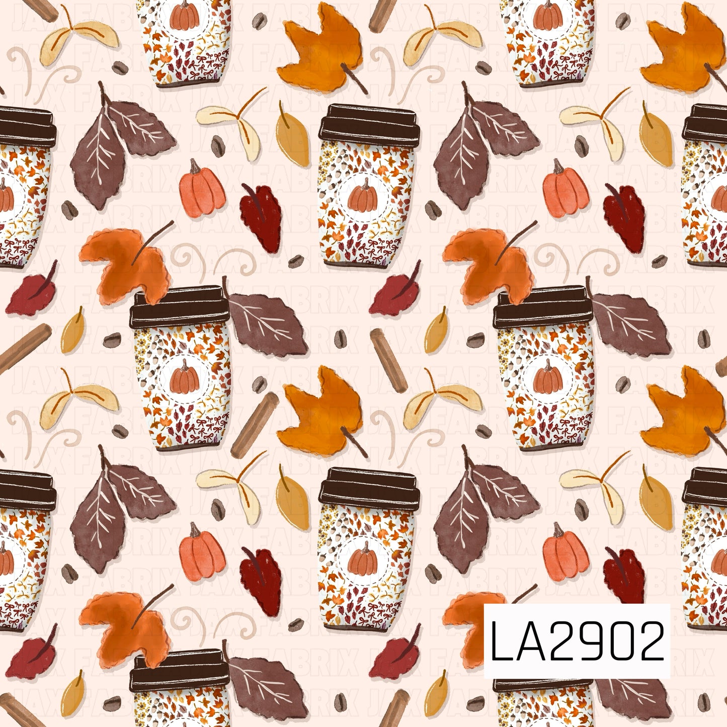 A charming watercolor autumn pattern featuring pumpkin-themed coffee cups accented with cinnamon sticks, coffee beans, colorful fall leaves, mini pumpkins, and seed pods. Set against a soft cream background, the cozy seasonal elements create a warm, inviting design filled with classic fall charm and pumpkin spice vibes.