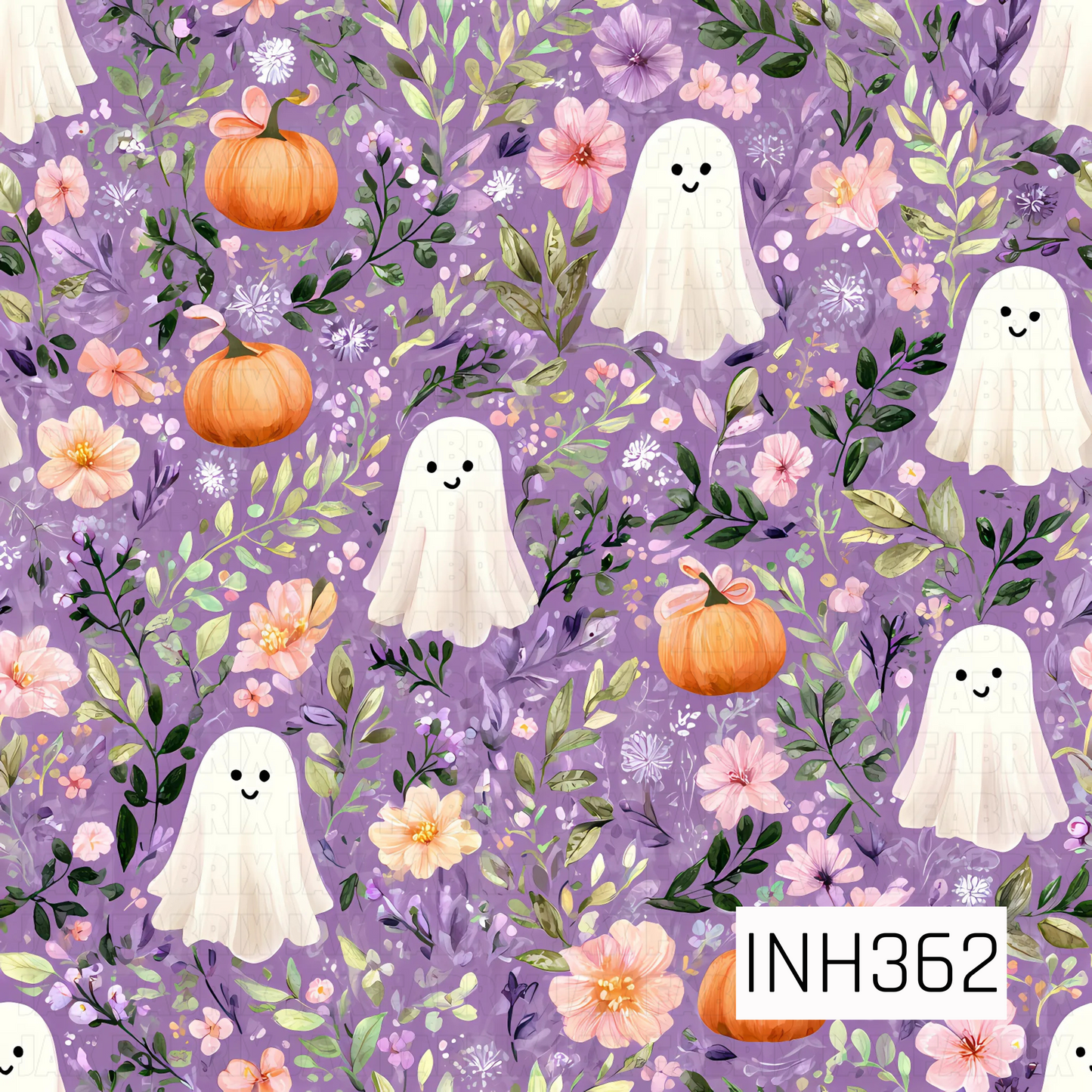 A seamless watercolor pattern featuring adorable smiling ghosts nestled among delicate blush and lavender flowers, leafy greenery, and charming orange pumpkins on a soft purple background. The painterly florals and whimsical Halloween elements create a sweet, enchanting design with a cozy seasonal feel.