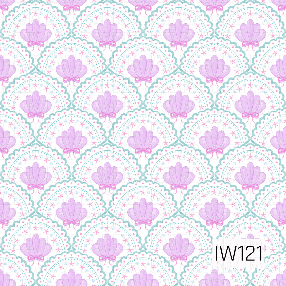 A whimsical ocean-inspired seamless pattern featuring soft watercolor lavender seashells accented with delicate pink bows. Each shell sits inside a scalloped aqua blue arch decorated with tiny pink dots, pink starfish, and dainty blue swirls. The repeating design creates a sweet, feminine coastal look with a dreamy pastel color palette against a crisp white background.