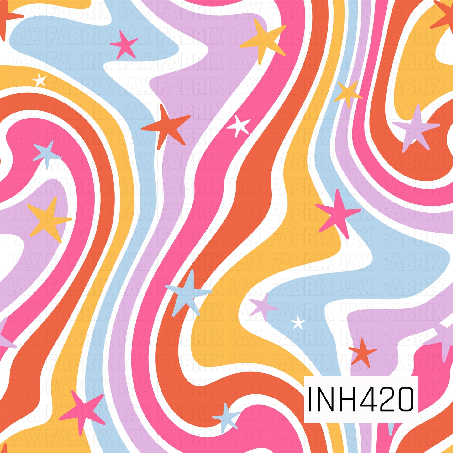 Retro wavy stripes in hot pink, coral orange, golden yellow, lavender, and baby blue, accented with scattered colorful stars and white space.