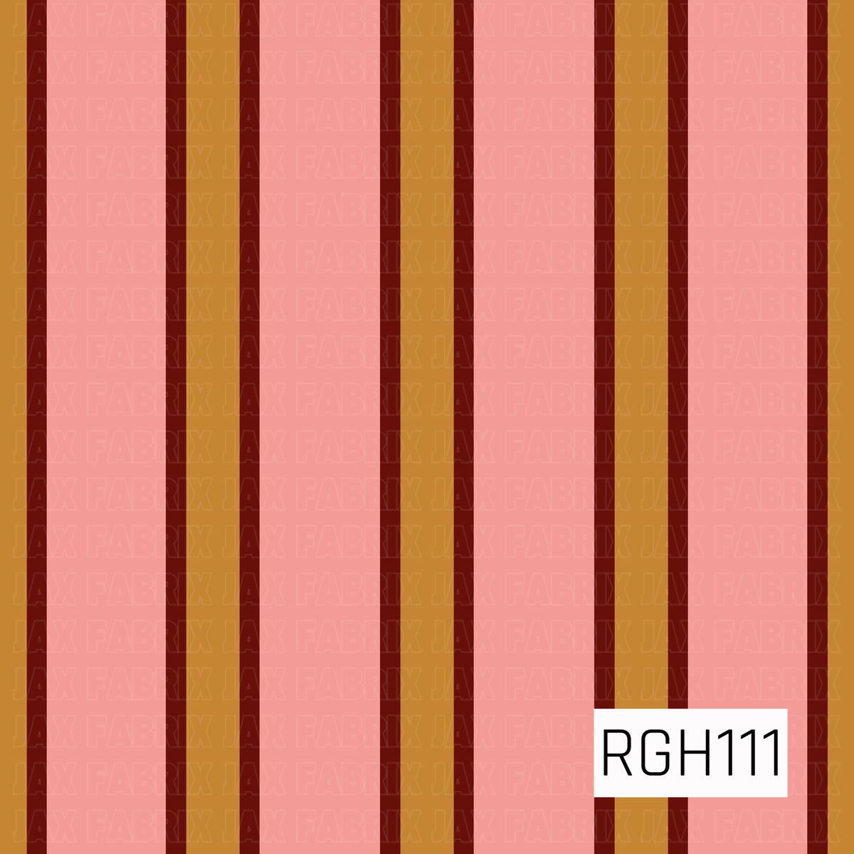 A bold retro striped pattern featuring wide vertical bands of soft pink and warm mustard, separated by narrow deep red stripes. The simple repeating layout gives it a playful vintage-inspired look.