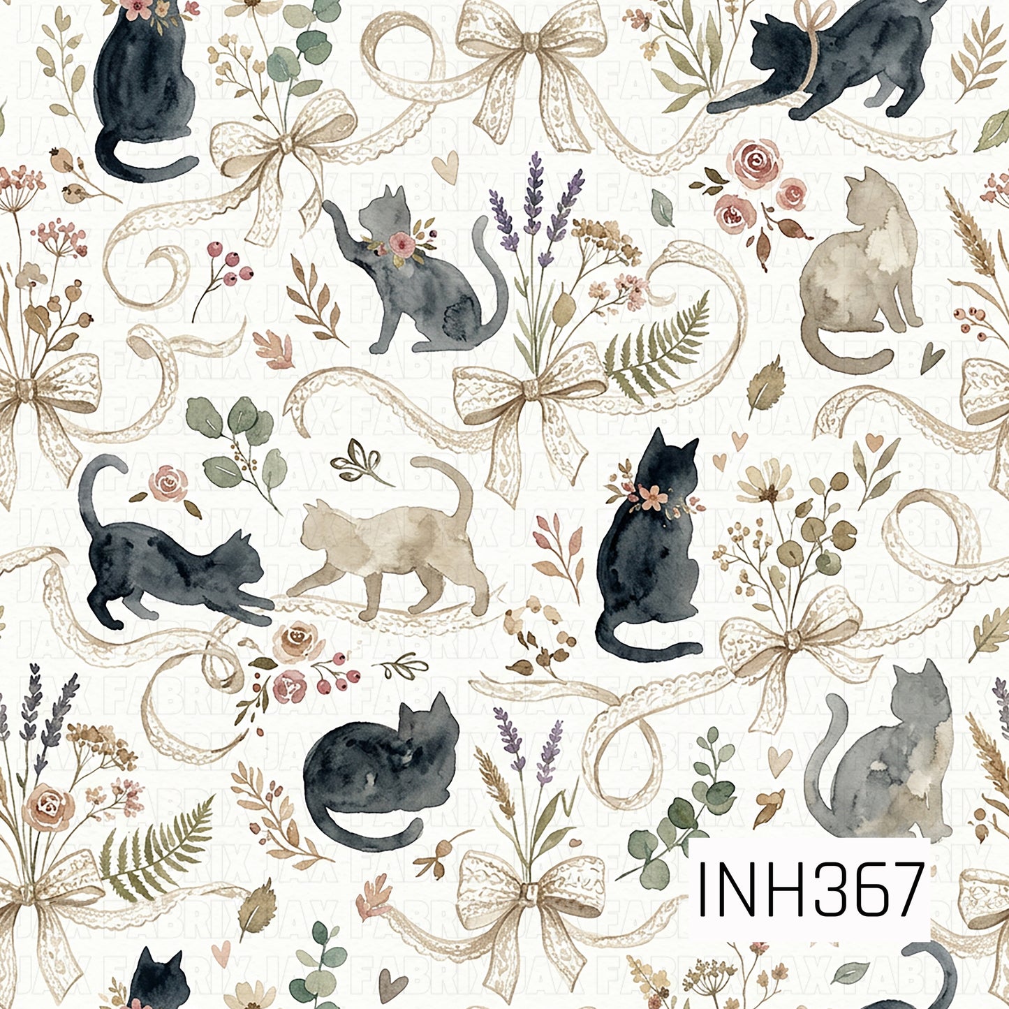 A seamless watercolor pattern featuring graceful black and gray cats surrounded by delicate lace ribbons, elegant bows, wildflowers, eucalyptus, lavender, and soft botanical accents. Set against a warm cream background with muted earthy tones, the design has a vintage cottagecore aesthetic with a cozy, timeless charm.