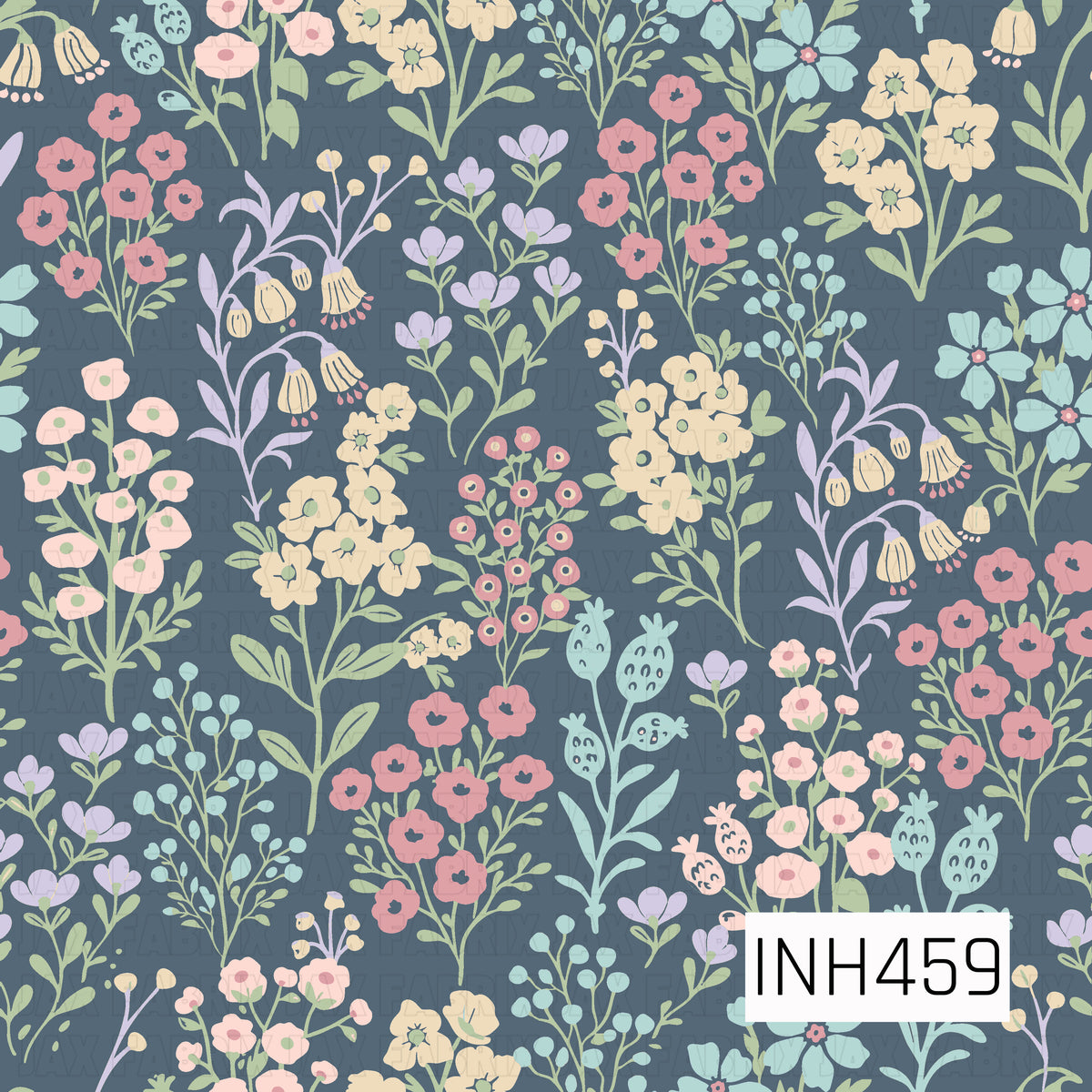 A whimsical wildflower pattern filled with an eclectic mix of blooms, leafy stems, berries, and delicate botanical sprigs. Soft shades of dusty pink, butter yellow, lavender, mint, sage, and pale blue pop against a deep slate blue background, giving the design a charming vintage garden feel.