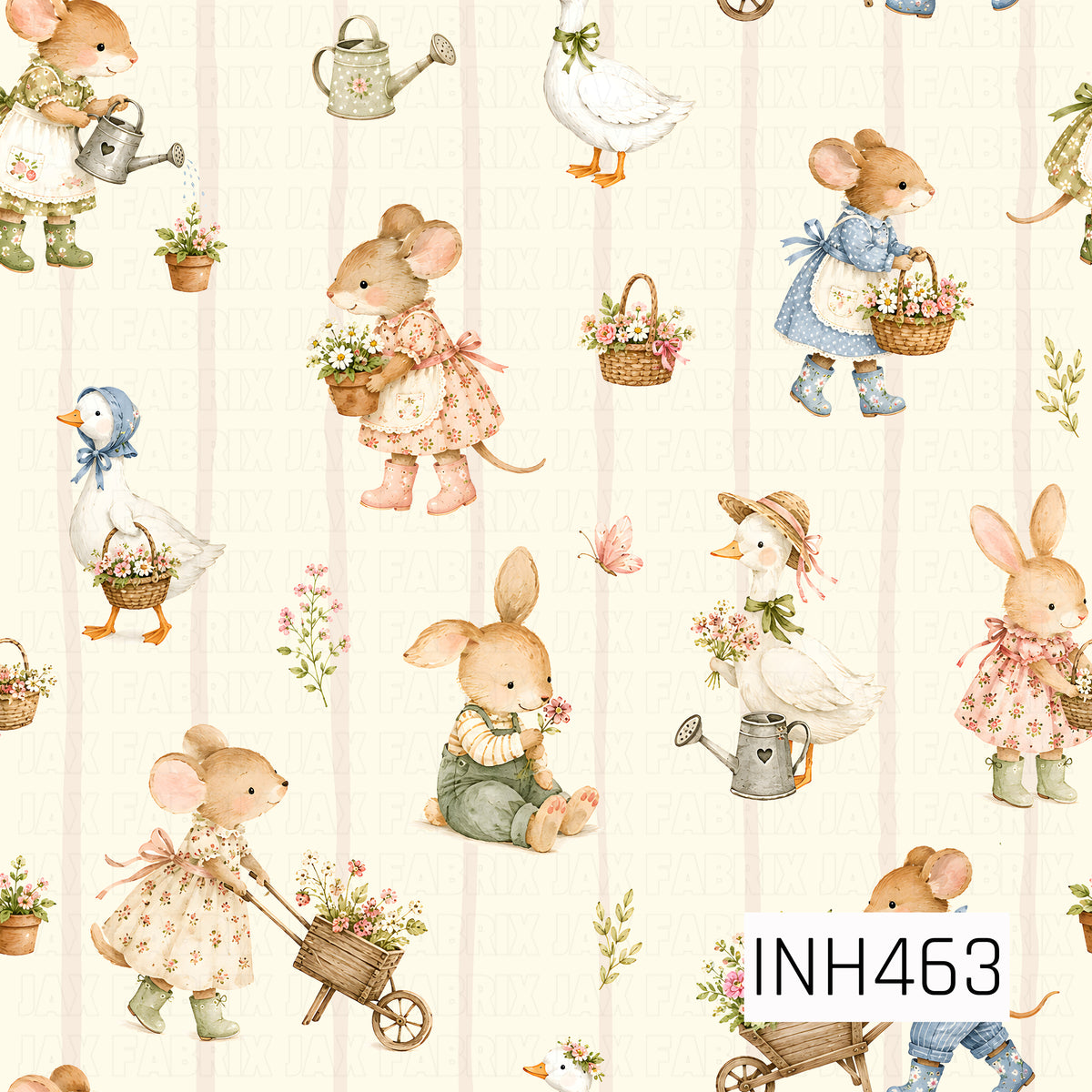 A charming watercolor garden pattern featuring sweet mice, bunnies, and geese dressed in vintage-inspired floral outfits, rain boots, and bonnets. The animals are surrounded by baskets of flowers, watering cans, potted blooms, butterflies, and a little wheelbarrow, all set against soft blush pink stripes for a whimsical cottage garden feel.