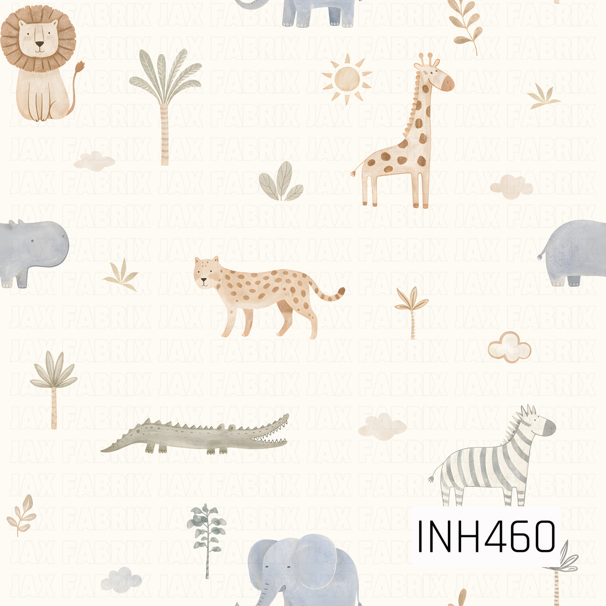 A sweet watercolor safari pattern featuring lions, giraffes, elephants, zebras, leopards, hippos, and crocodiles scattered among palm trees, leafy sprigs, suns, and soft clouds. Muted shades of tan, sage, gray-blue, and cream give it a soft, neutral nursery feel.