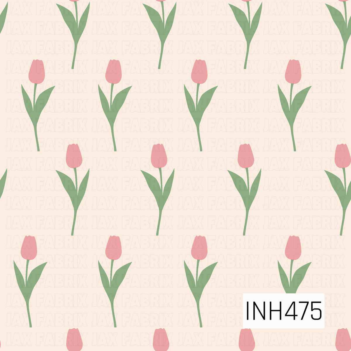 A sweet, minimal floral pattern featuring simple pink tulips with soft green stems and leaves scattered across a warm cream background. The clean shapes and muted color palette give it a charming, modern springtime feel.