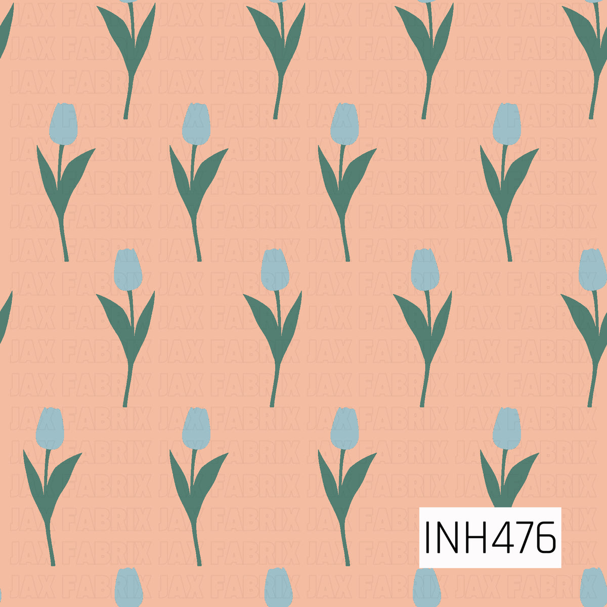 A simple retro tulip pattern featuring soft blue blooms with deep teal green stems and leaves over a warm peach background. The clean, minimal shapes and contrasting colors give it a playful vintage-inspired feel.