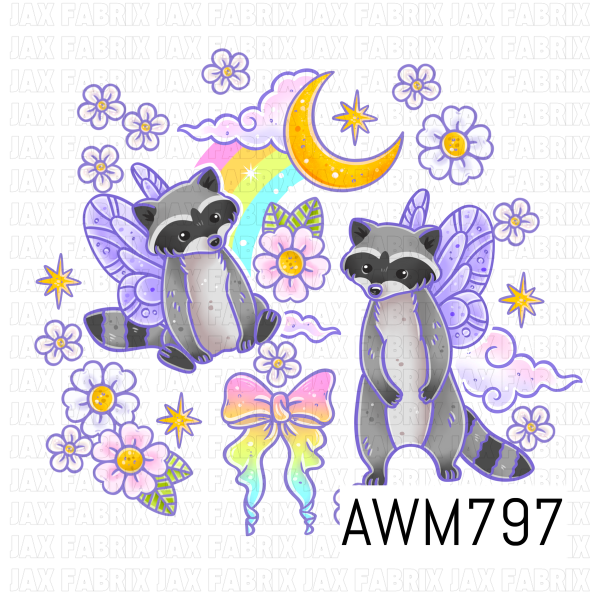 A whimsical PNG featuring adorable raccoons with lavender fairy wings, pastel rainbows, crescent moons, fluffy clouds, daisies, sparkling stars, and a rainbow bow in soft shades of lavender, pink, yellow, and mint. Perfect for children’s apparel, bows, blankets, nursery décor, bags, stickers, tumblers, and other magical crafting and sewing projects.