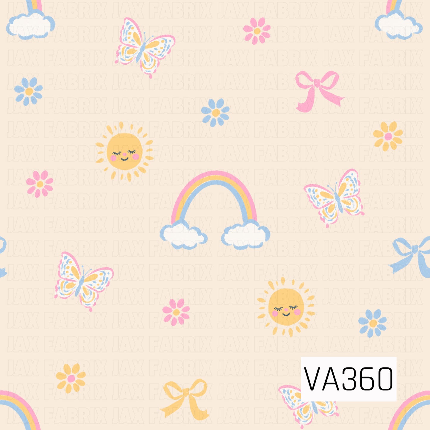 A sweet pastel print with rainbows, fluffy clouds, smiling suns, butterflies, tiny flowers, and bows scattered across a warm cream background.