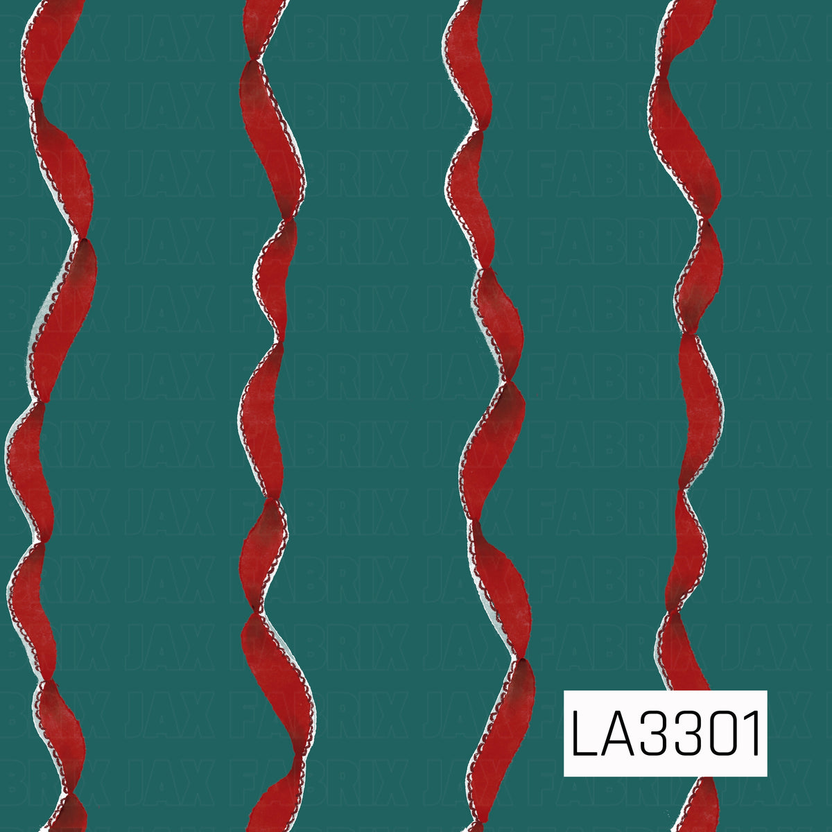 A festive Christmas pattern featuring twisting red ribbons arranged in vertical rows against a rich teal green background. The classic red paired with the brighter teal gives this holiday design a fun, colorful twist.
