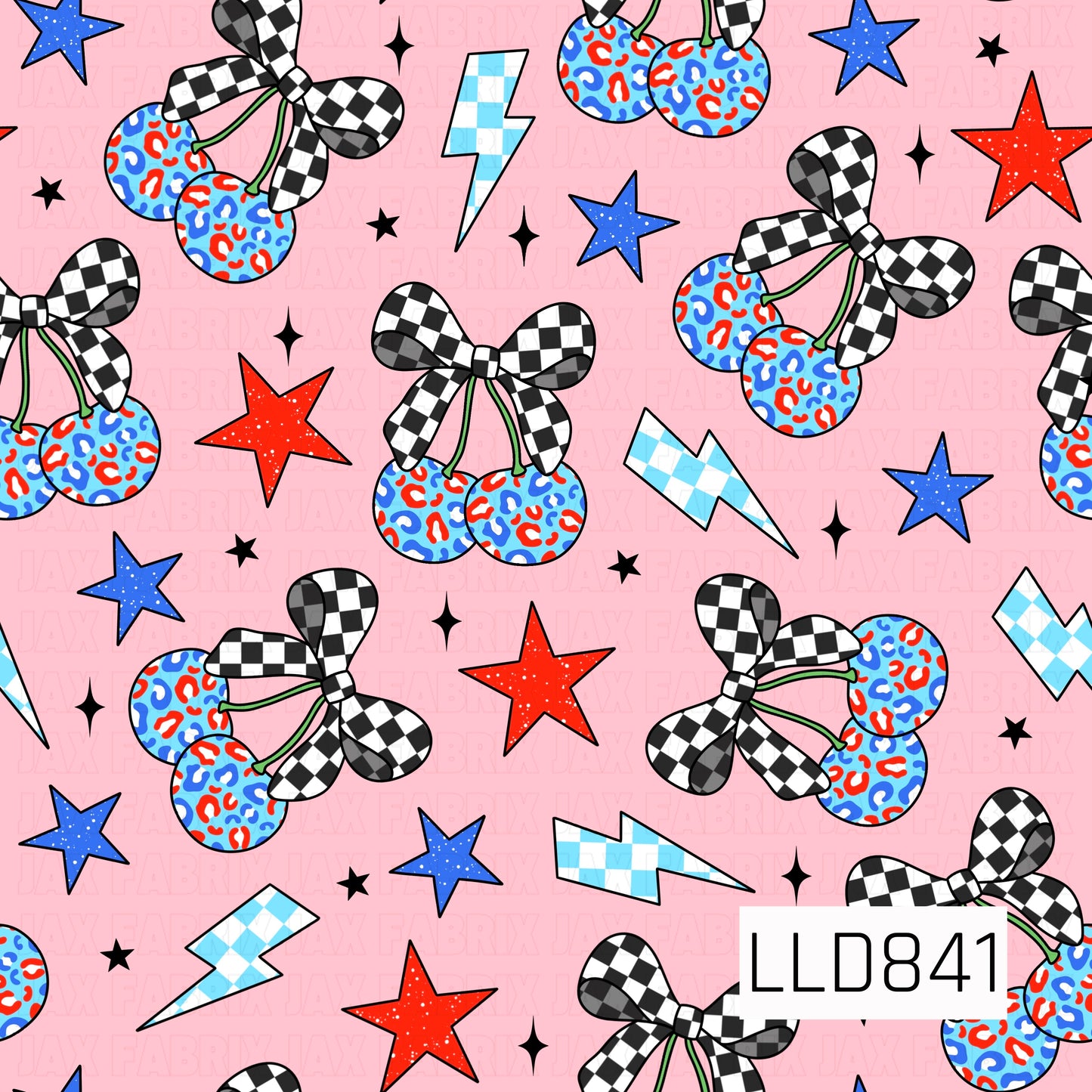 A seamless pattern featuring blue leopard print cherries with black and white checkerboard bows, accented by blue and red stars, light blue checkerboard lightning bolts, and black sparkles on a light pink background.