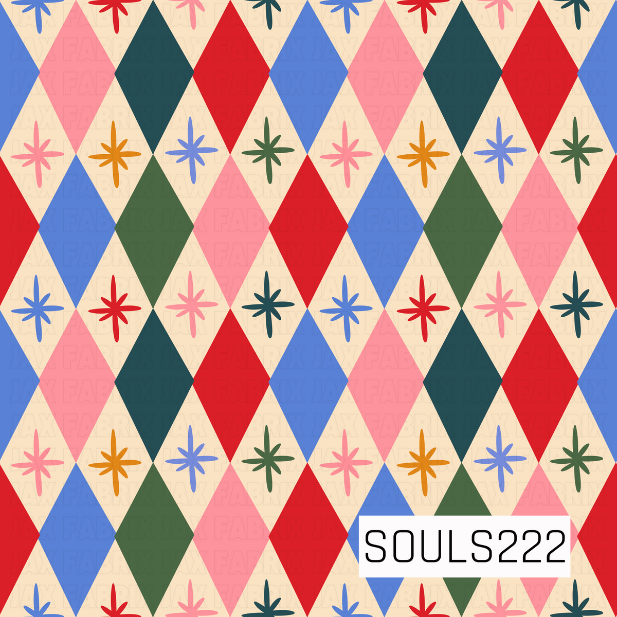 A bold retro harlequin pattern featuring oversized diamonds in bright red, bubblegum pink, periwinkle blue, forest green, and deep teal against a warm cream background. Colorful mid-century starbursts are scattered throughout, giving the design a playful vintage feel with plenty of nostalgic charm.