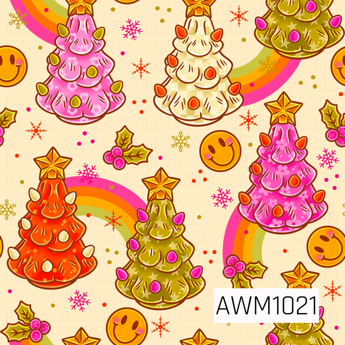 A groovy retro Christmas pattern featuring colorful Christmas trees in pink, orange, olive green, and cream, topped with golden stars. Bright rainbows, smiley faces, holly berries, snowflakes, and scattered dots fill the warm cream background for a fun, colorful holiday look.