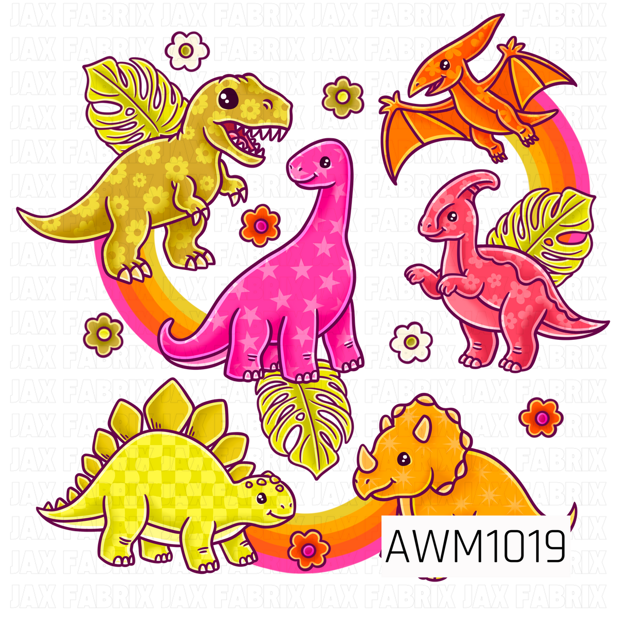 A bright retro dinosaur PNG featuring playful dinosaurs in bold pink, orange, and lime green. Tropical leaves, colorful flowers, stars, and groovy rainbow accents give the design a fun, whimsical prehistoric feel.