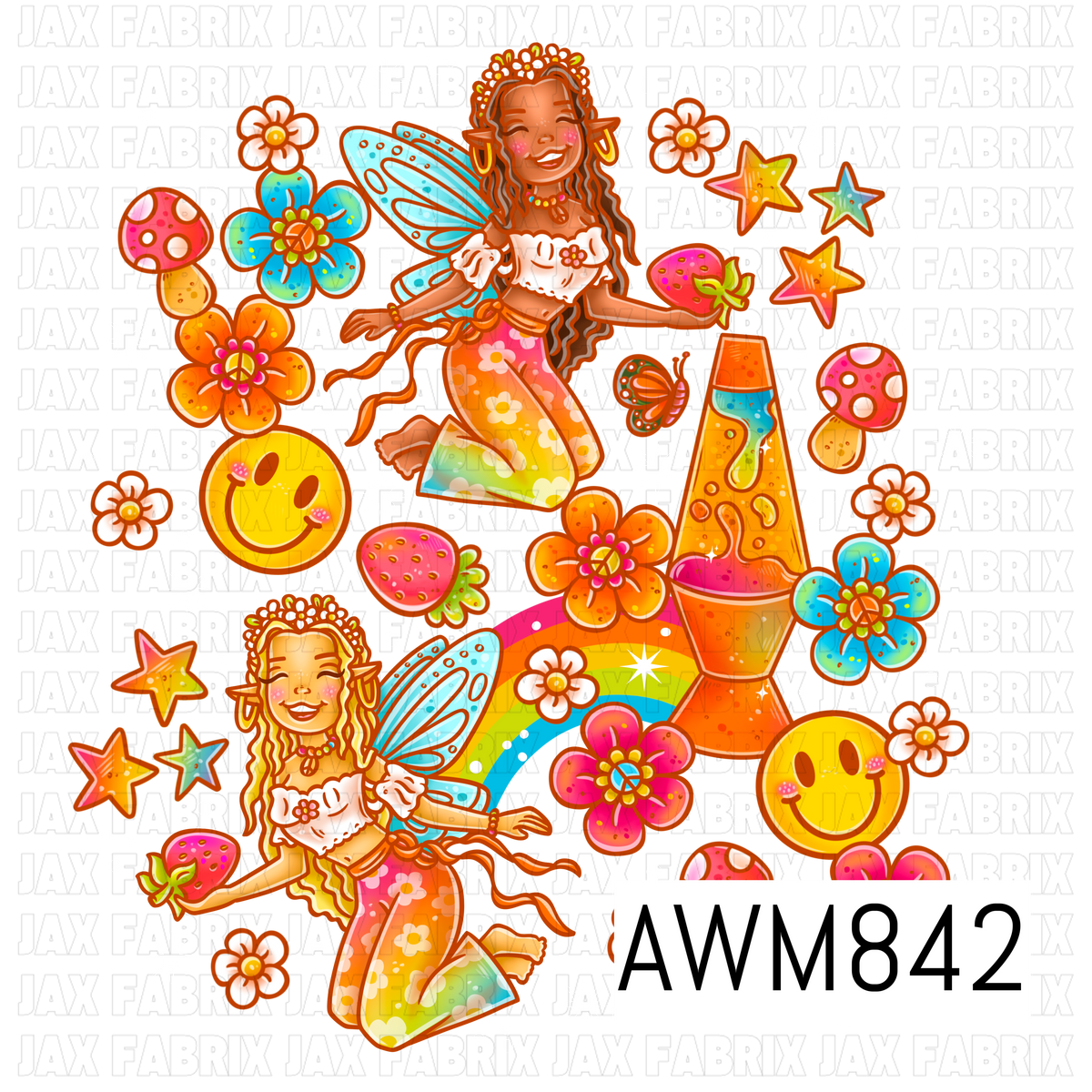 Whimsical retro fairy clipart collection featuring two smiling winged fairy girls with flowing hair, strawberries, rainbow accents, lava lamp, colorful flowers, mushrooms, smiley faces, stars, butterflies, and sparkling details. Designed in a vibrant 1970s-inspired color palette of orange, pink, turquoise, yellow, and white, this playful boho-fantasy arrangement is perfect for crafting, sublimation, bow making, stickers, and fabric designs.