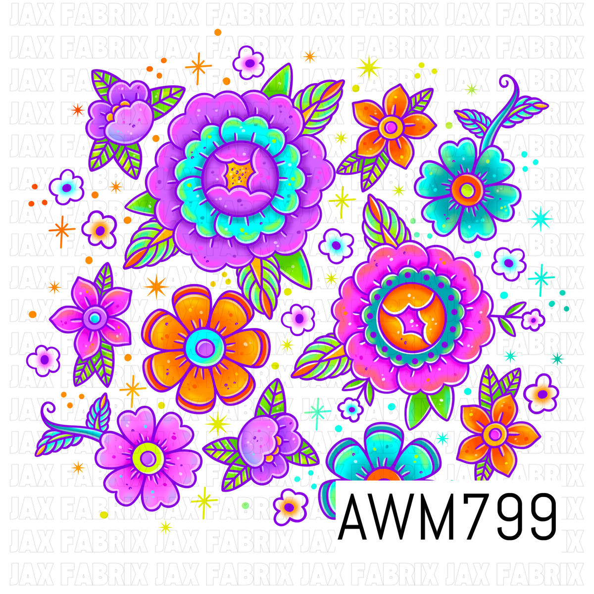 A vibrant PNG featuring bold retro-inspired flowers, leafy stems, tiny blossoms, and sparkling starbursts in bright shades of purple, teal, orange, pink, and lime green. The whimsical floral artwork has a colorful groovy aesthetic with playful layered details.
