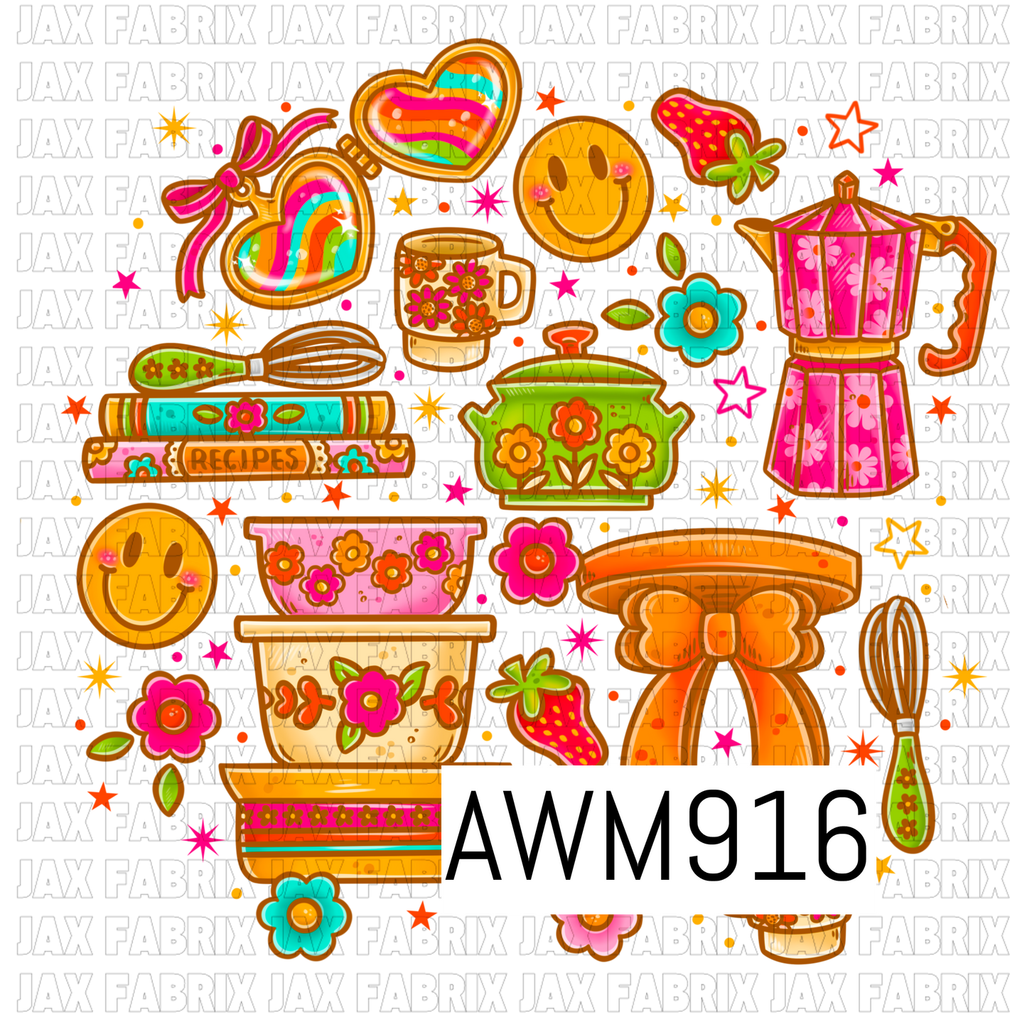 This cheerful PNG design features a collection of colorful retro kitchen and baking-themed elements, including floral mixing bowls, recipe books, whisks, a teacup, a slow cooker, a pink stovetop coffee maker, a wooden stool, strawberries, smiley-face cookies, and rainbow-decorated treats. Bright pink, orange, green, and turquoise colors paired with whimsical floral patterns create a fun vintage-inspired cooking and baking aesthetic on a transparent background.