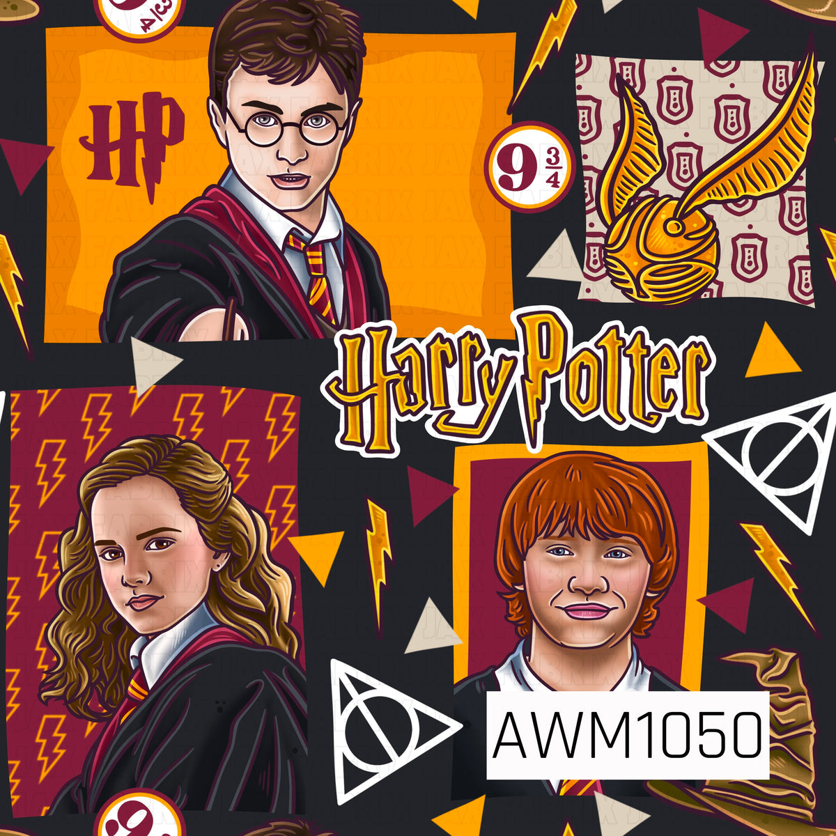 A bold, retro-inspired Harry Potter seamless pattern featuring illustrated portraits of Harry, Hermione, and Ron against a deep black background. Rich burgundy, golden yellow, and cream accents complement magical details including a golden snitch, sorting hat, Platform 9¾ signs, lightning bolts, Deathly Hallows symbols, and scattered geometric shapes. Vintage-style Harry Potter lettering completes this nostalgic, wizard-inspired design.