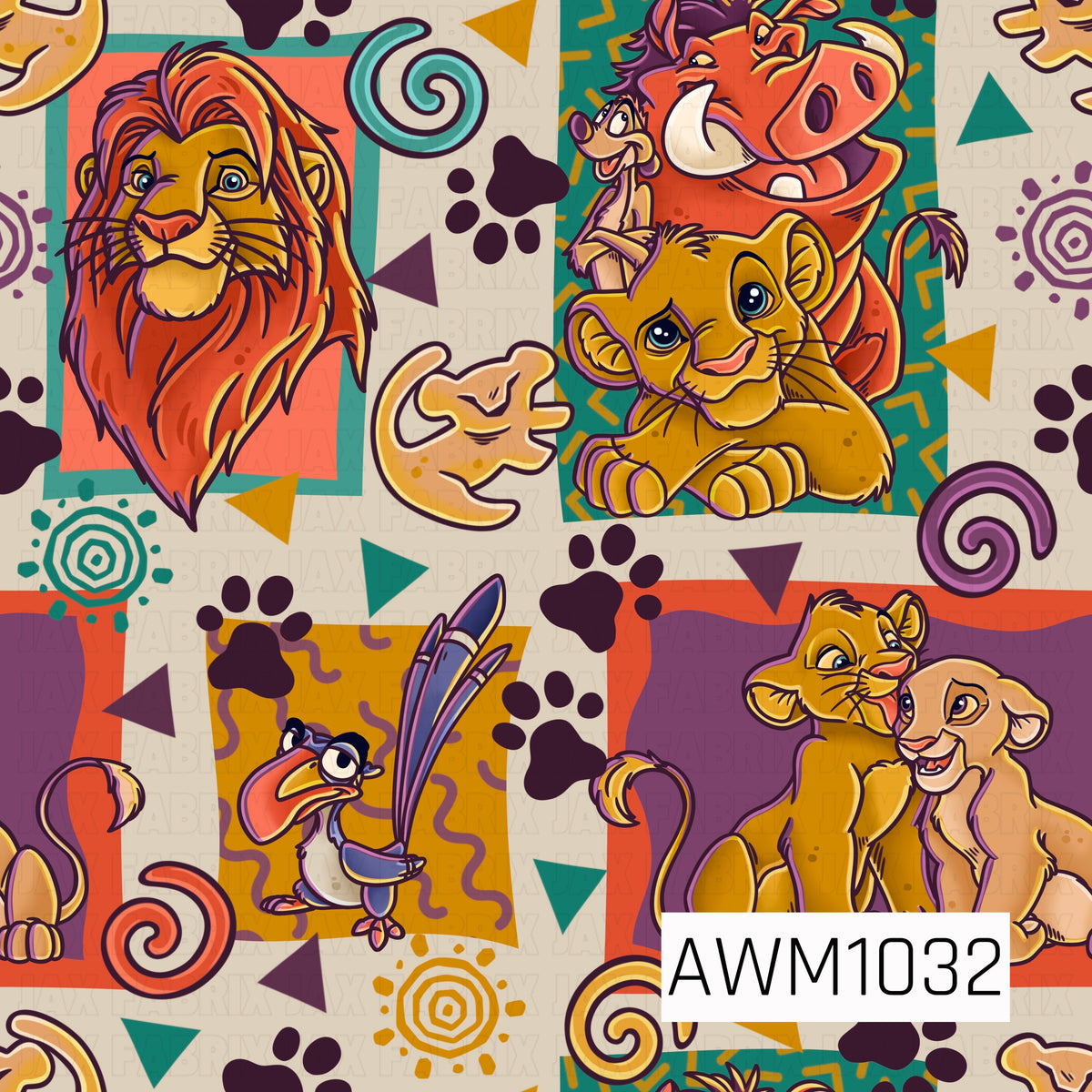 A bold retro safari pattern featuring playful lions and their animal friends in warm golden, orange, teal, and plum tones. Paw prints, geometric shapes, swirls, and tribal-inspired accents are scattered across a warm cream background.