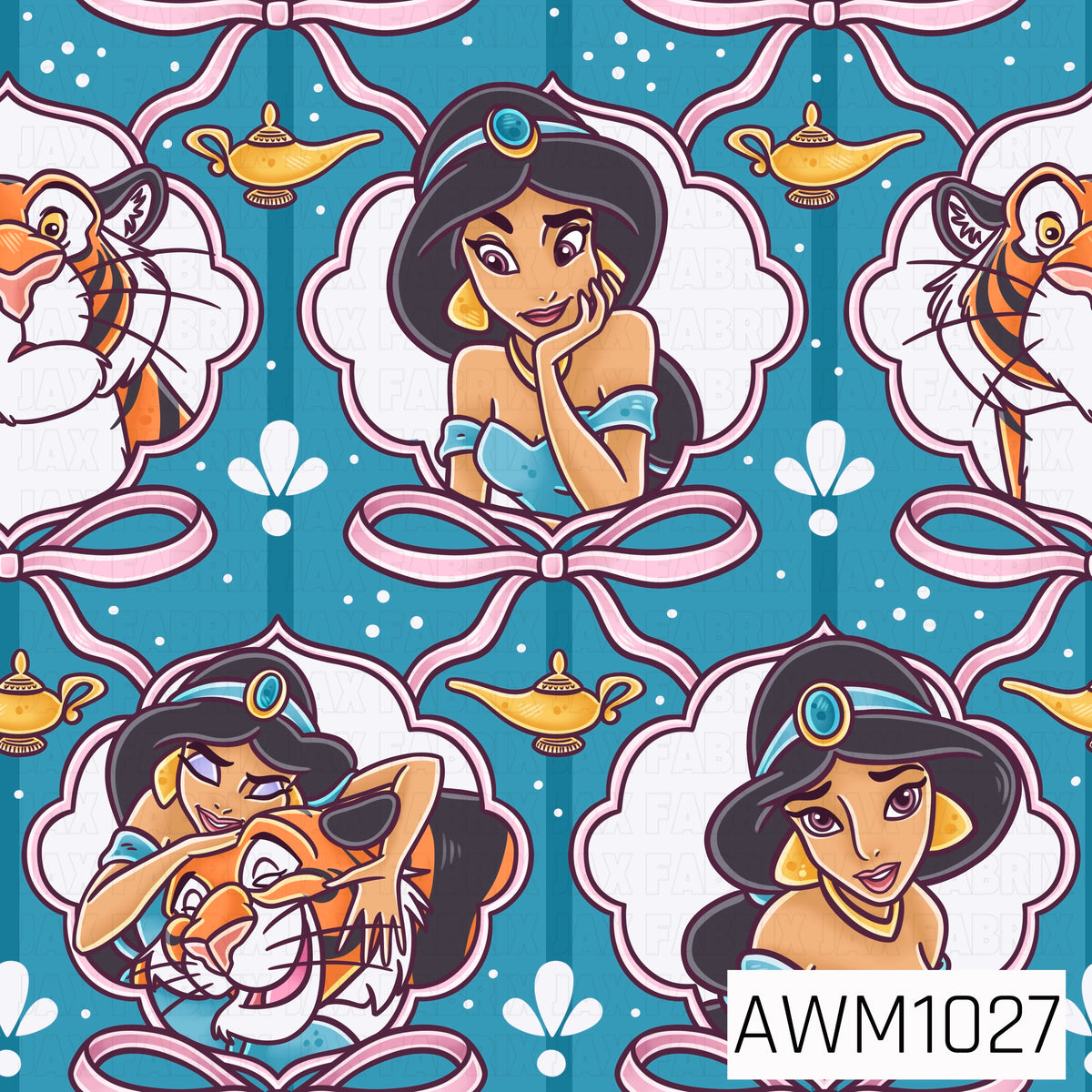 A playful princess-inspired pattern featuring a beautiful princess in turquoise alongside her tiger companion. Golden magic lamps, pink ribbon bows, decorative frames, and white accents are scattered across a rich teal blue background.