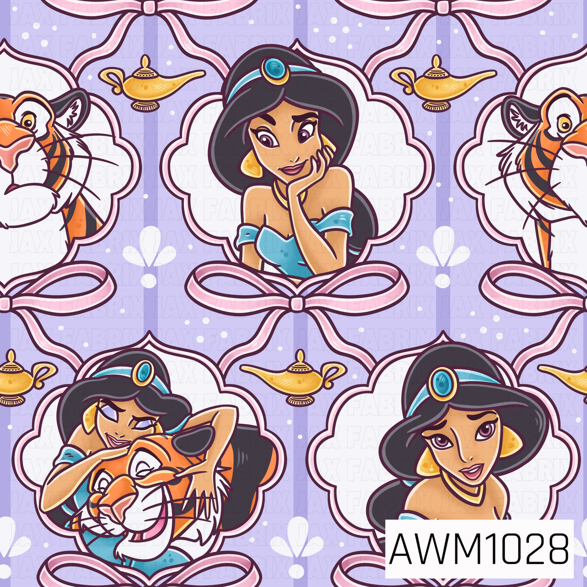 A playful princess-inspired pattern featuring a beautiful princess in turquoise alongside her tiger companion. Golden magic lamps, pink ribbon bows, decorative frames, and white accents are scattered across a soft lavender striped background.