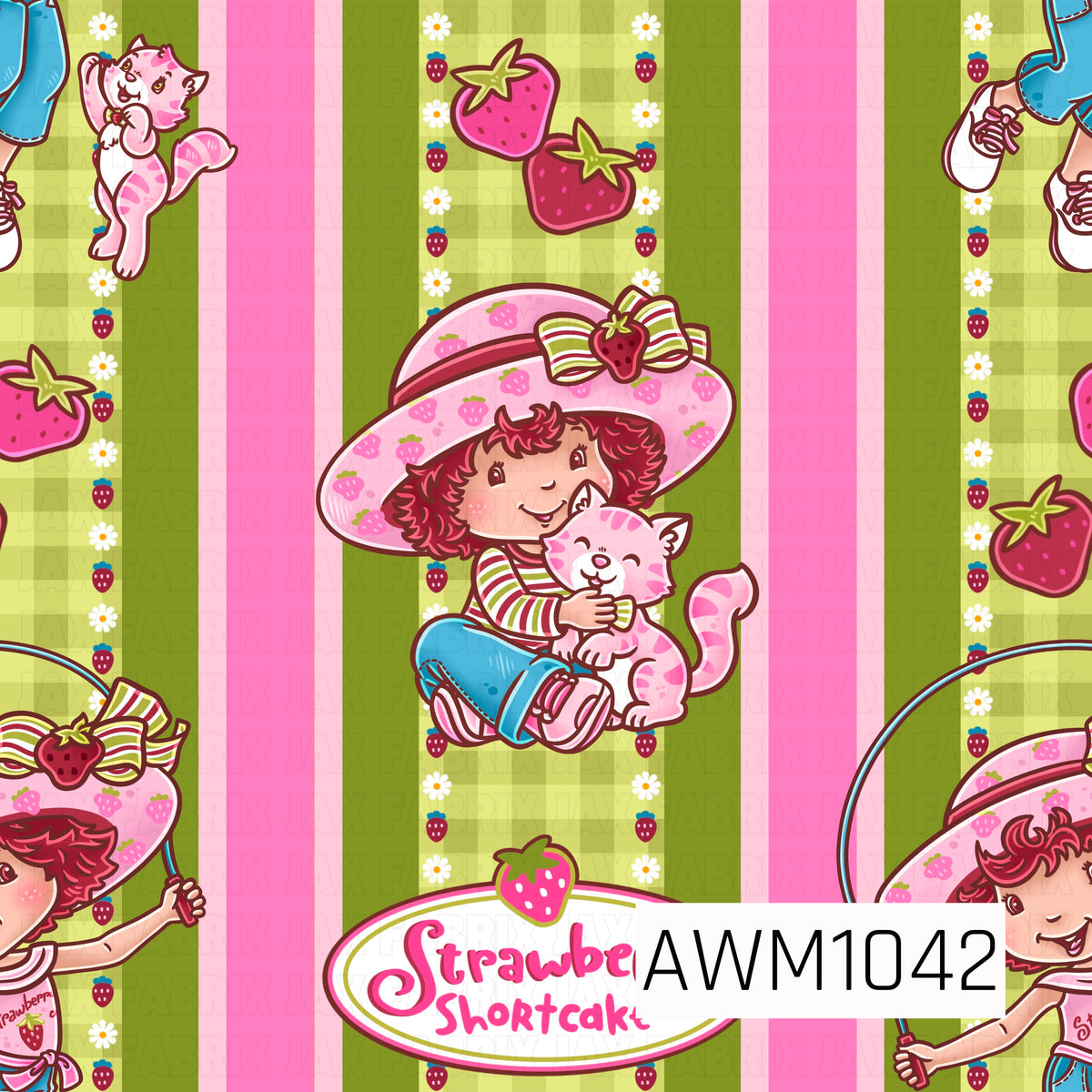 A sweet, vintage-inspired Strawberry Shortcake seamless pattern featuring alternating vertical stripes in soft pink, olive green, and pale lime. Adorable illustrations of Strawberry Shortcake cuddling her pink kitten and jumping rope are scattered throughout, along with juicy pink strawberries, tiny white daisies, and the classic Strawberry Shortcake logo. Delicate strawberry and floral accents add a playful, nostalgic touch to this charming retro design.