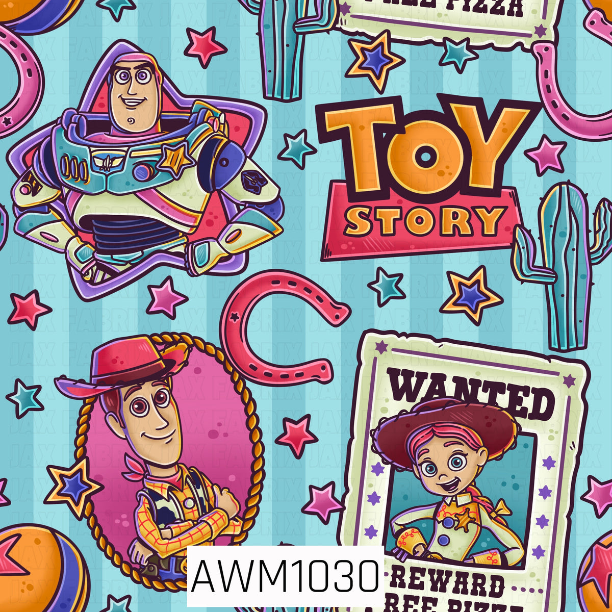 A colorful retro toy-inspired pattern featuring a space ranger, cowboy, and cowgirl surrounded by western and space-themed details. Horseshoes, cacti, wanted posters, stars, planets, and bold geometric accents pop against a light blue striped background.